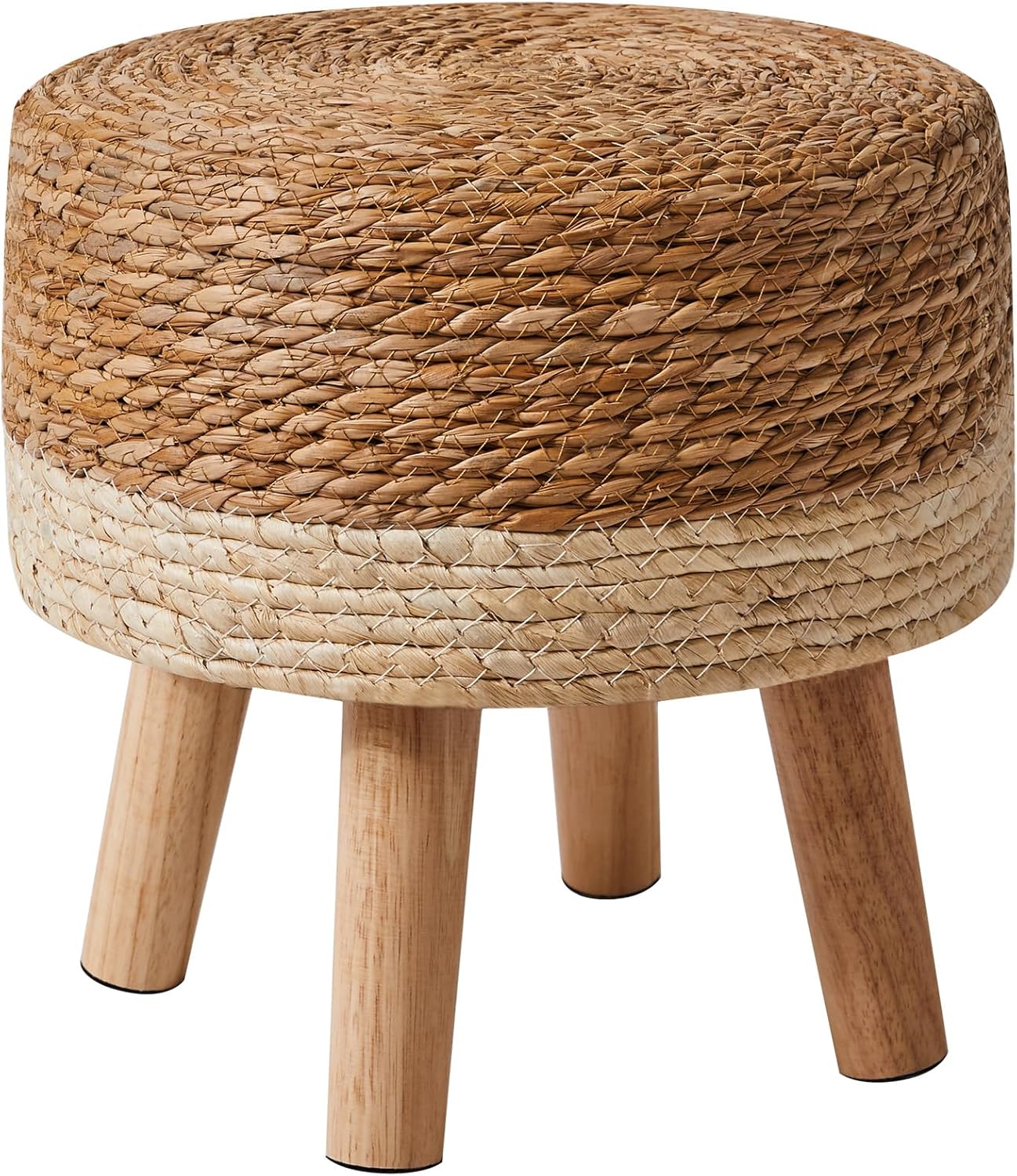 YMYNY Foot Stool,12.6" Round Small Ottoman, Natural+White, HBD027W | Natural Seagrass Hand Weave, Footrest, Non-Skid Wood Legs, Boho, For Living Room, Bedroom, Entryway,outdoor