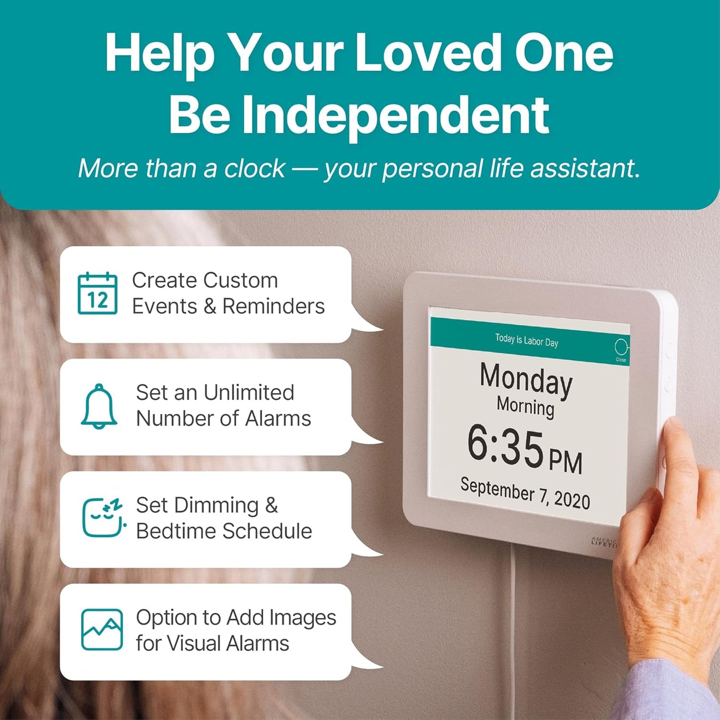 American Lifetime New 2025 Dementia Clock Large Digital Clock for Seniors, Alzeimer Clock Large Display with Custom Alarms, Clock with Day & Date for Elderly, Digital Calendar Premium White Pro