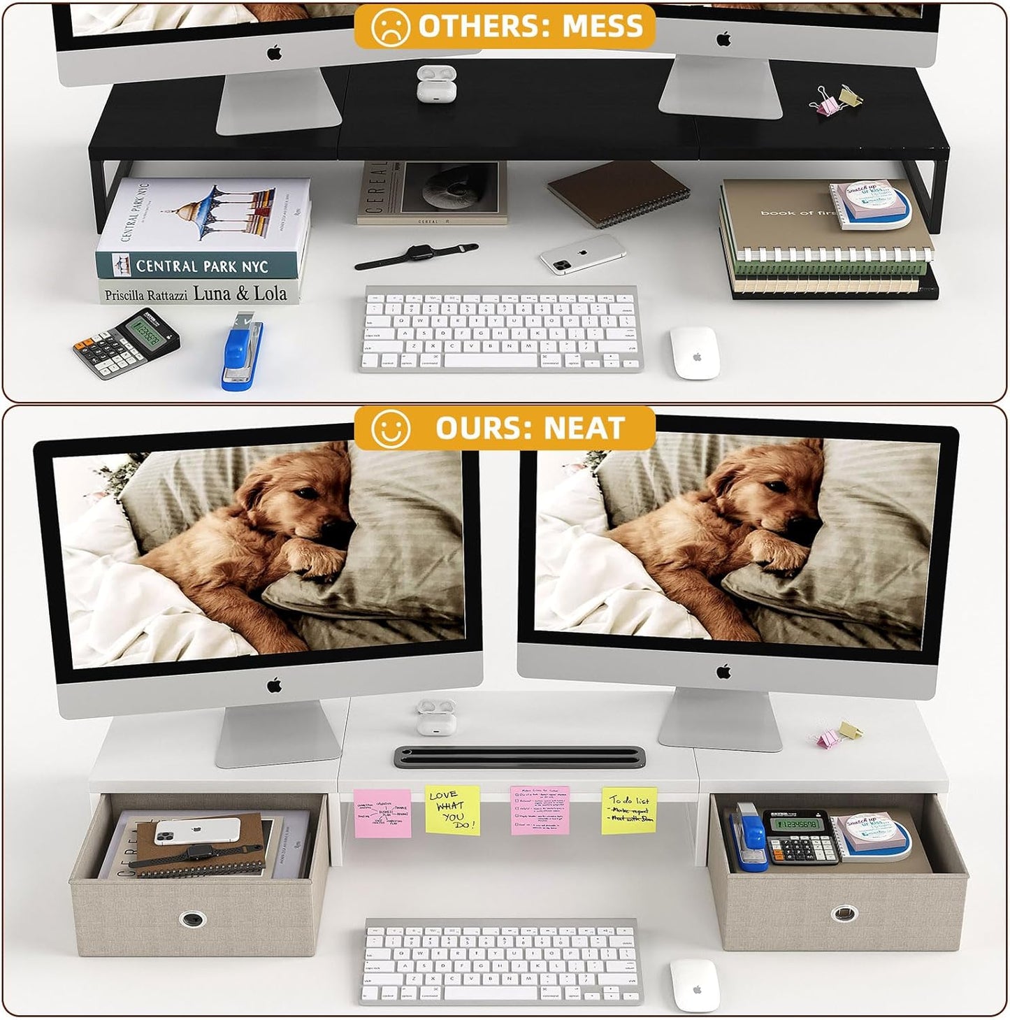 39 Inch Dual Monitor Stand Riser with 2 Drawers - Large White Wooden Computer Stand for 2 Monitors, Ergonomic Desk Organizer with Phone Holder, Desktop Storage for Laptop, Office Supplies, Home Office