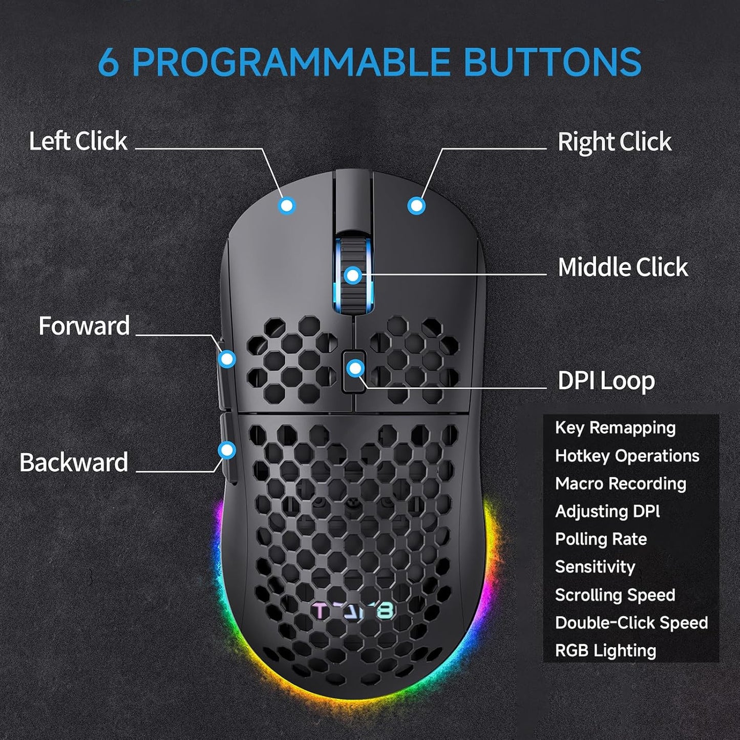 TMKB Falcon M1 Wireless Gaming Mouse, 24000DPI Optical Sensor, 180Hrs Battery, Lightweight, 6 Programmable Buttons, RGB Strip, 2.4G/BT5.2/USB-C Wired for PC/Mac/Laptop - Matte Black