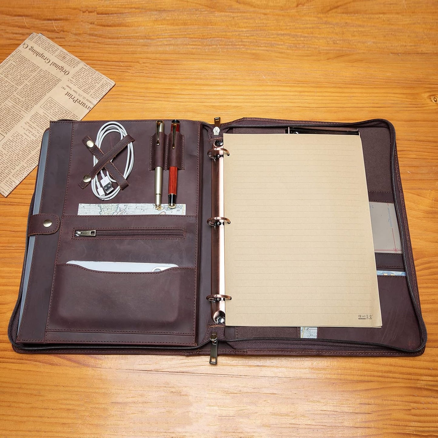 Genuine Leather Portfolio 3 Ring Binder with Clipboard, Hidden Handle, 8.5 x 11 Zippered Padfolio, Business Organizer Professional Executive Folio for Men and Women, Dark Brown