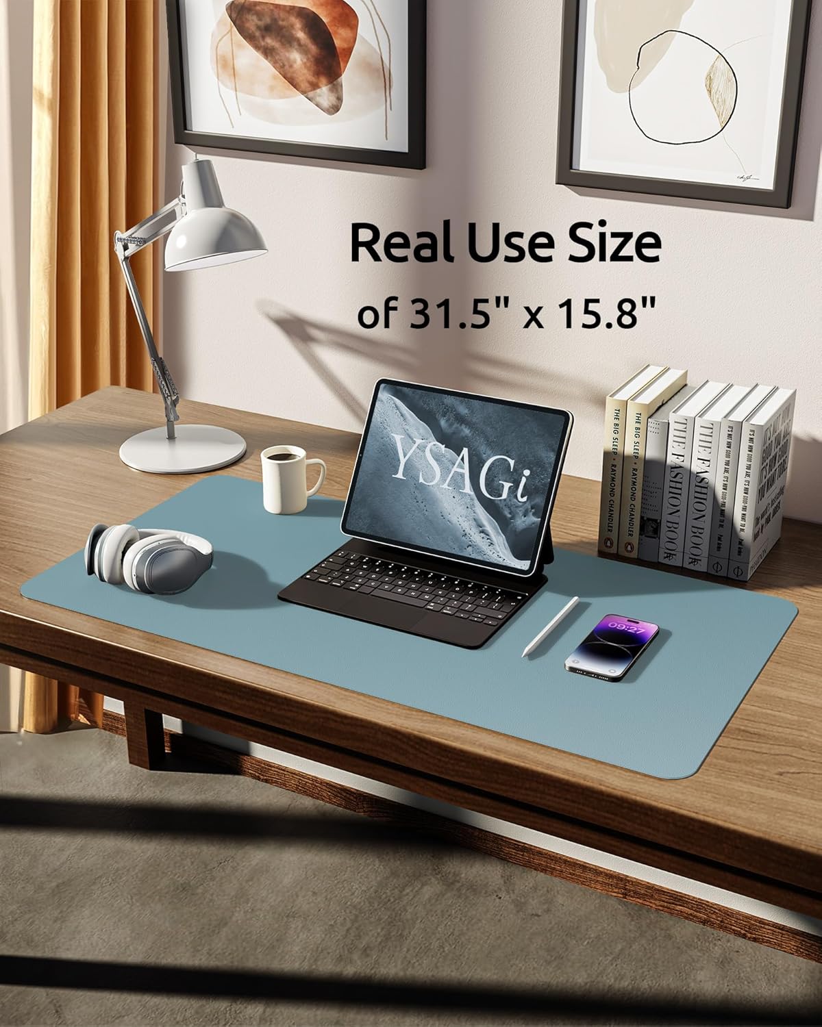 YSAGi Leather Desk Protector, Office Mat, Large Mouse Mat, Non-Slip PU Leather Blotter, Laptop Desk Pad, Waterproof Writing Pad for Office and Home (Ice Blue, 31.5" x 15.8")
