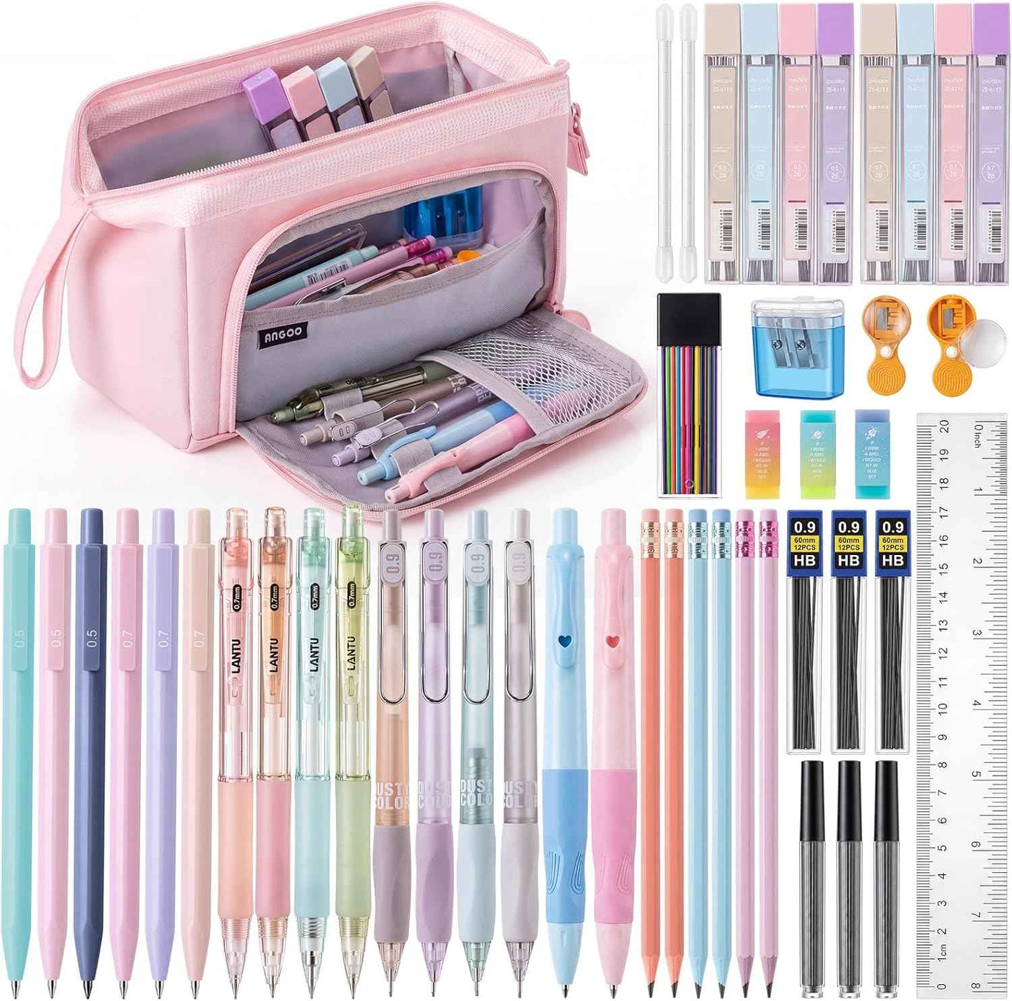 Eersida 47 Pcs Aesthetic School Supplies with Cute Pen Case, Mechanical Pencils 0.5mm, 0.7mm, 0.9mm & 2.0mm with Leads and Eraser Refills, Wood Pencils #2, for Writing, Drawing & Drafting (Pink)