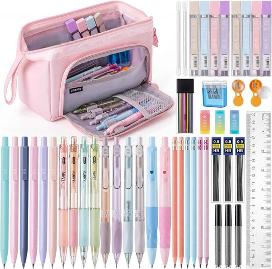 Eersida 47 Pcs Aesthetic School Supplies with Cute Pen Case, Mechanical Pencils 0.5mm, 0.7mm, 0.9mm & 2.0mm with Leads and Eraser Refills, Wood Pencils #2, for Writing, Drawing & Drafting (Pink)