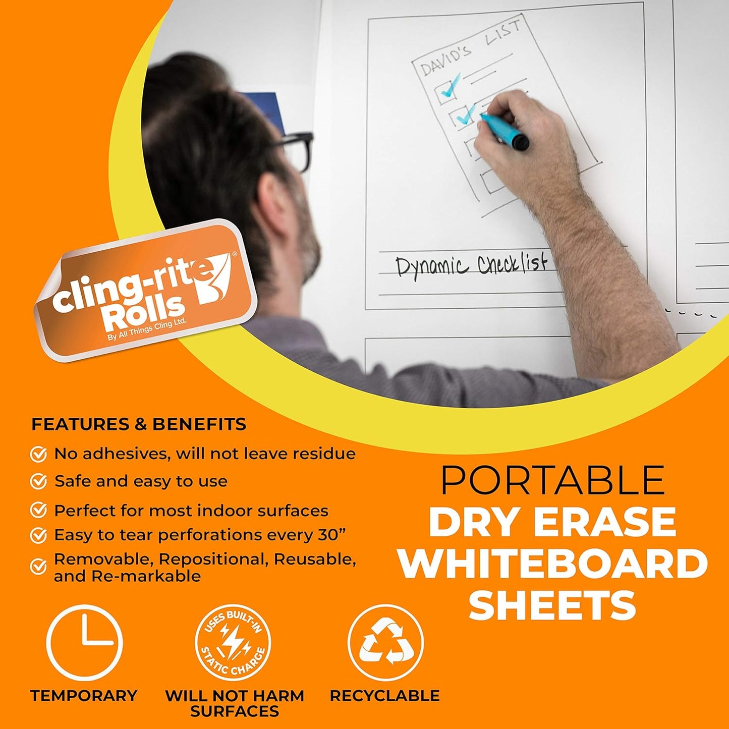 Clingers Dry Erase Cling-rite Roll Basic - Removable, Recyclable Whiteboard, 50' ft Roll, 20x30 Inch Sheets for School, Home, Office Decor, and Art Projects & Dry Erase Marker - American Made