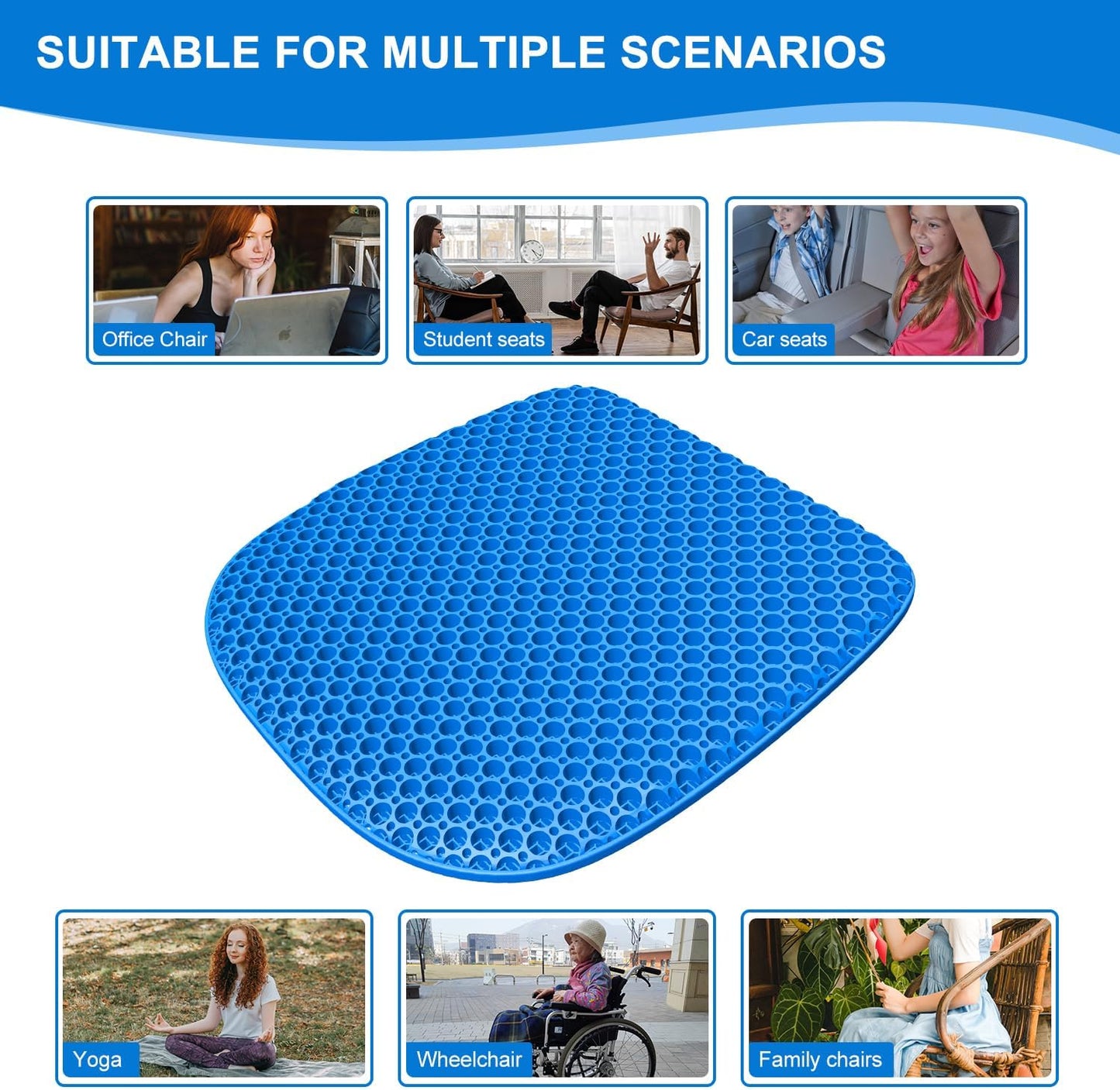 Large Gel Seat Cushion for Long Sitting With Non-Slip Cover,Soft & Breathable,Chair Cushion,Car seat Cushion,Office seat Cushion,Seat Cushion for Desk Chair,Wheelchair Cushion (Blue, Large Size)