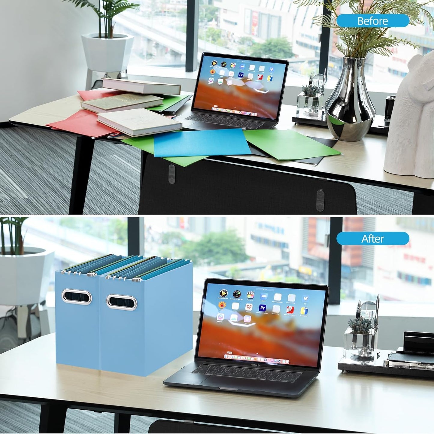 Oterri File Organizer, 2 Packs Small Storage Box, Cardboard File Folder Organizer, Collapsible File Box for Hanging File Folders Letter Size, Portable Filing Organizer with Handle (Blue)