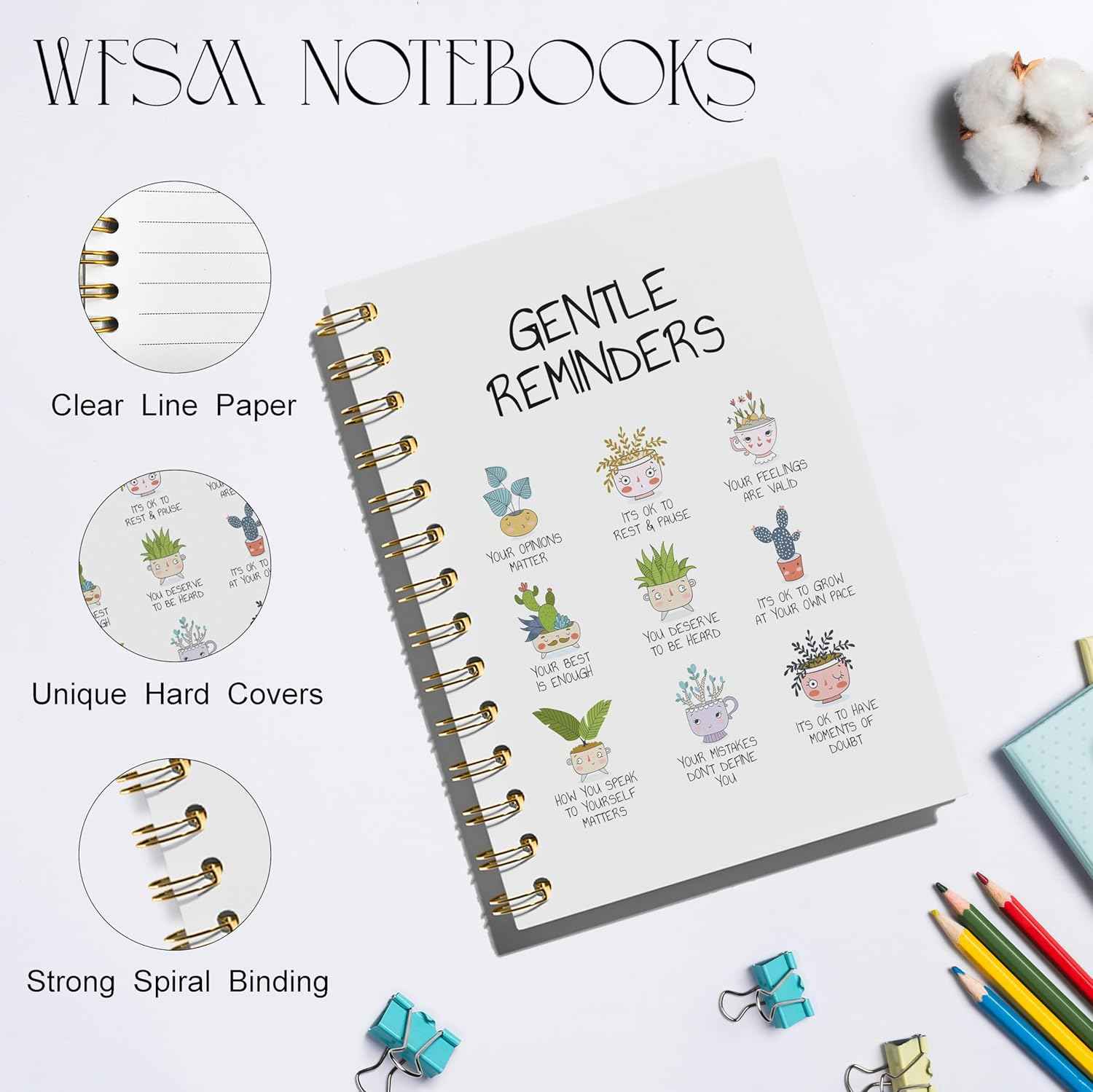 WFSM Daily Affirmations Notebook - Inspirational Journal, Mental Health Notebook, Positive Gifts Hardcover Spiral Notebook, Inspiring Quotes Journal for Women, 5.5x8.3 Inches