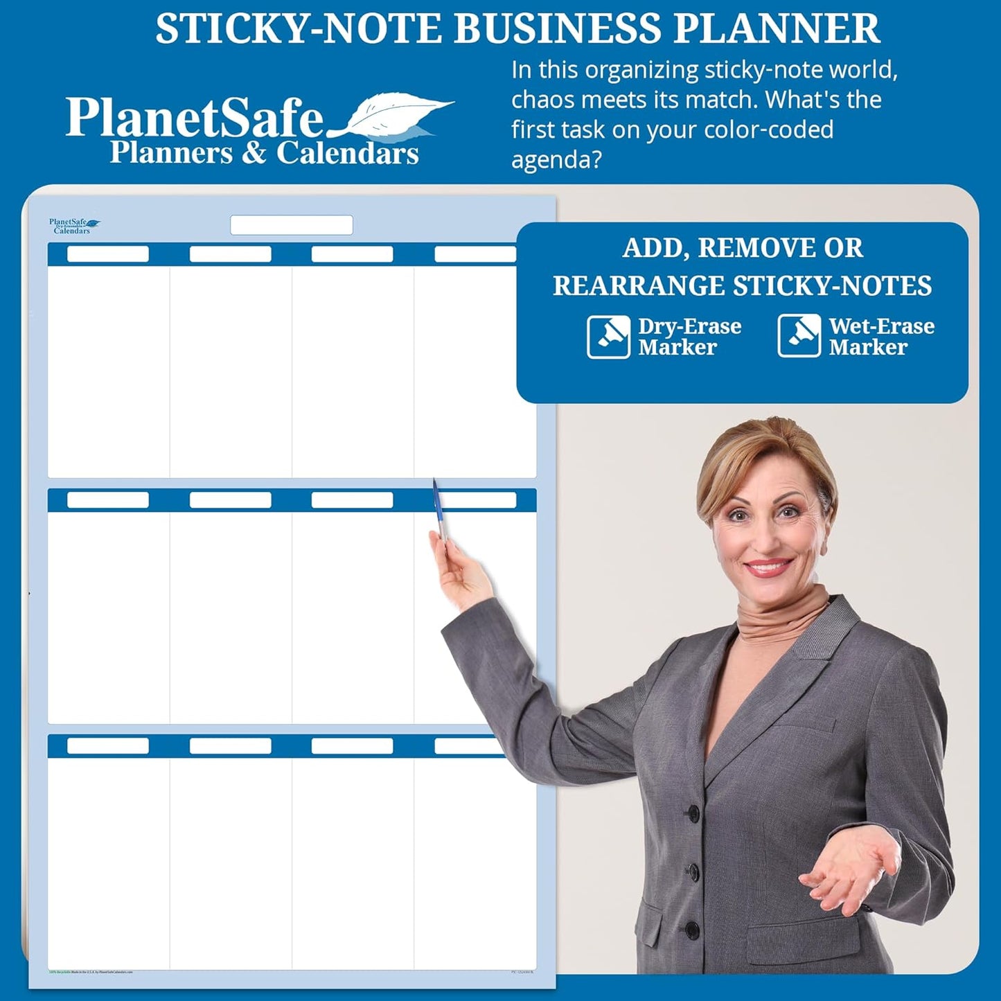 Sky Blue 12 Section Task, Objective and Goals Planning System Vertical 56" Tall x 36" Wide. Wall Tray, Dry-Erase Marker, Eraser and 600 Sticky-Notes