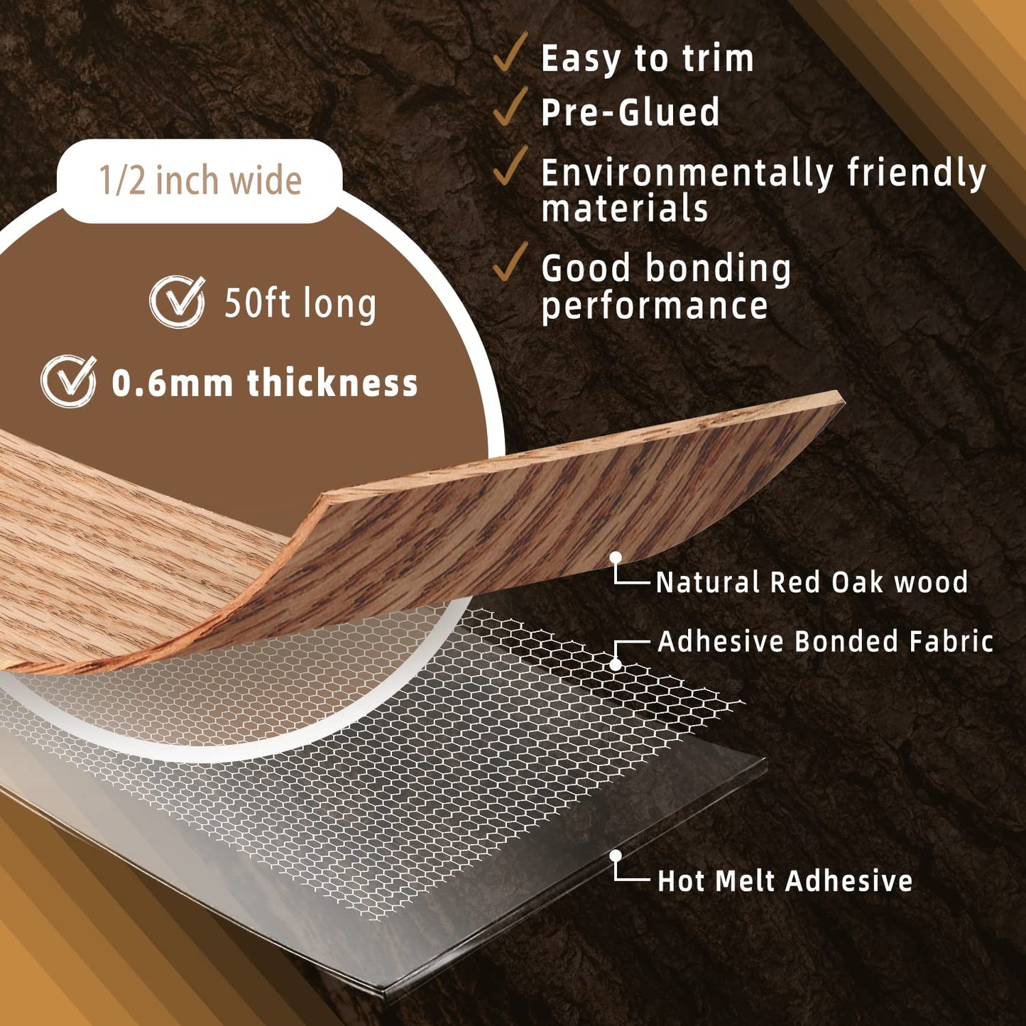 GSCIT Club Red Oak Edge Banding, 1/2 inch x 50ft roll of Veneer Edge Banding Preglued Flexible, Real Wood Tape Banding
