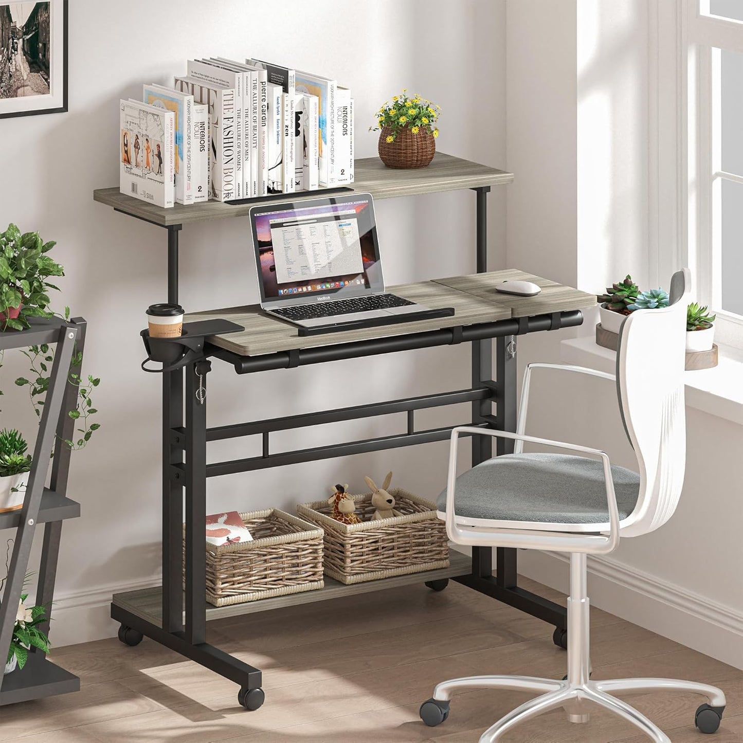 Mobile Standing Desk, Adjustable Rolling Computer Desk with 3 Desktops, Portable Laptop Table with Cup Holder, Home Office Laptop Workstation on Lockable Wheels, Grey Oak