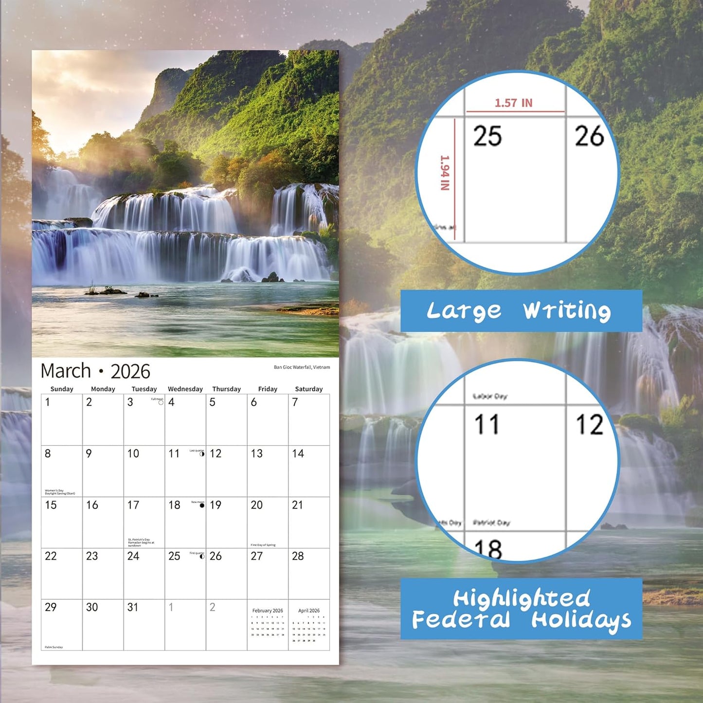 2025 Wall Calendar,Calendar 2026, July 2025 - December 2026, Wall Calendar Waterfall, 12" x 24" Opened,Full Page Months Thick & Sturdy Paper for Calendar Organizing & Planning