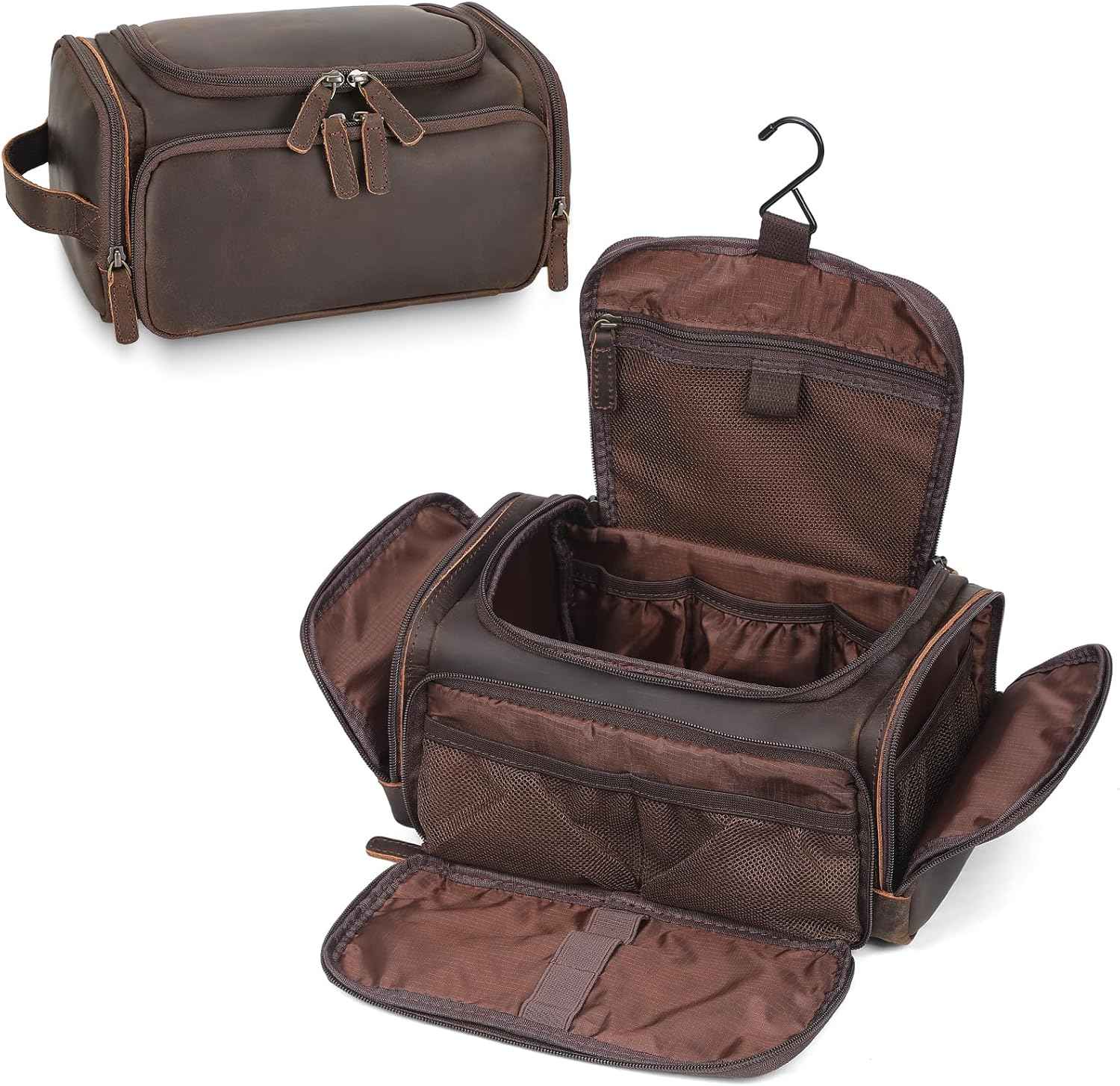 Polare Full Grain Leather Toiletry Case Bag Travel Dopp Kit Organizer Hanging Makeup Cosmetic Shaving Kit Wash Case for Men