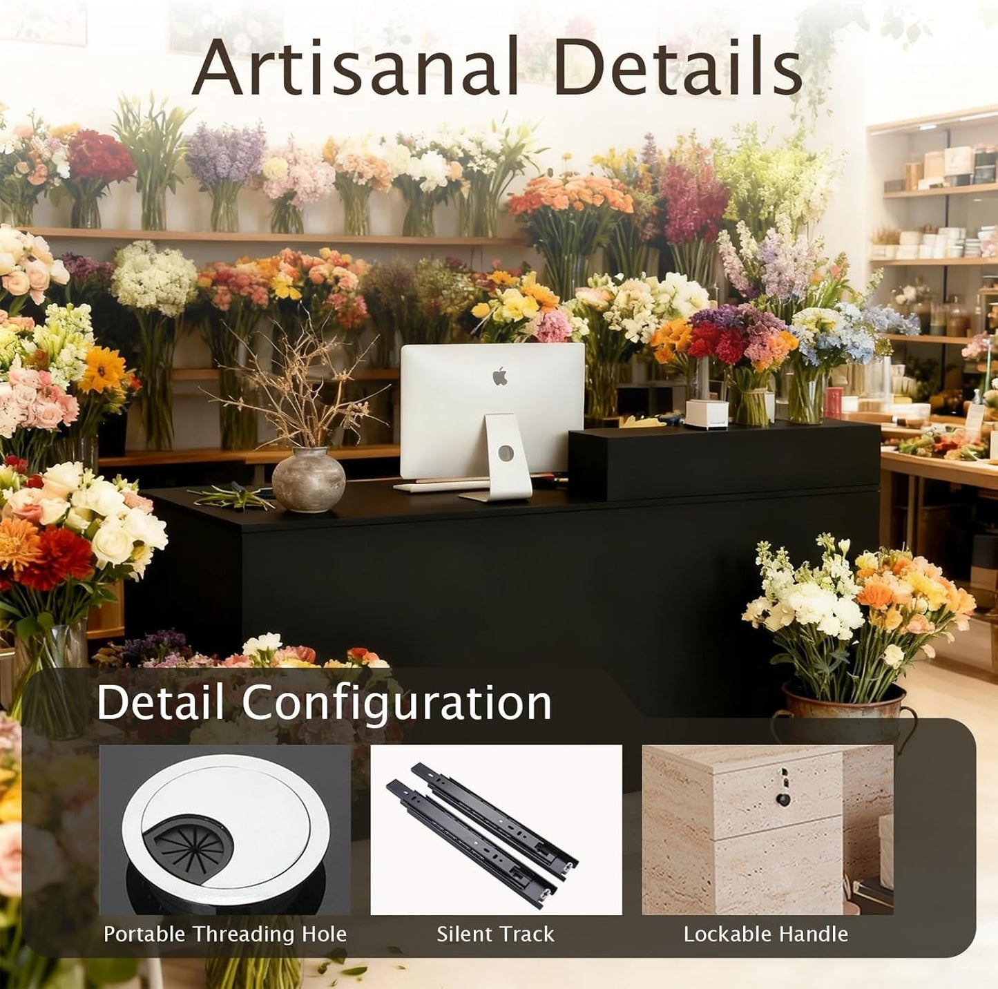 Front Reception Desk with Counter - Wood Modern with Storage Drawer for Salon Retail Office Checkout Barber Counter Table Mostrador para Negocio,Black + Stone/Right - 47.2″x19.6″x41.3″
