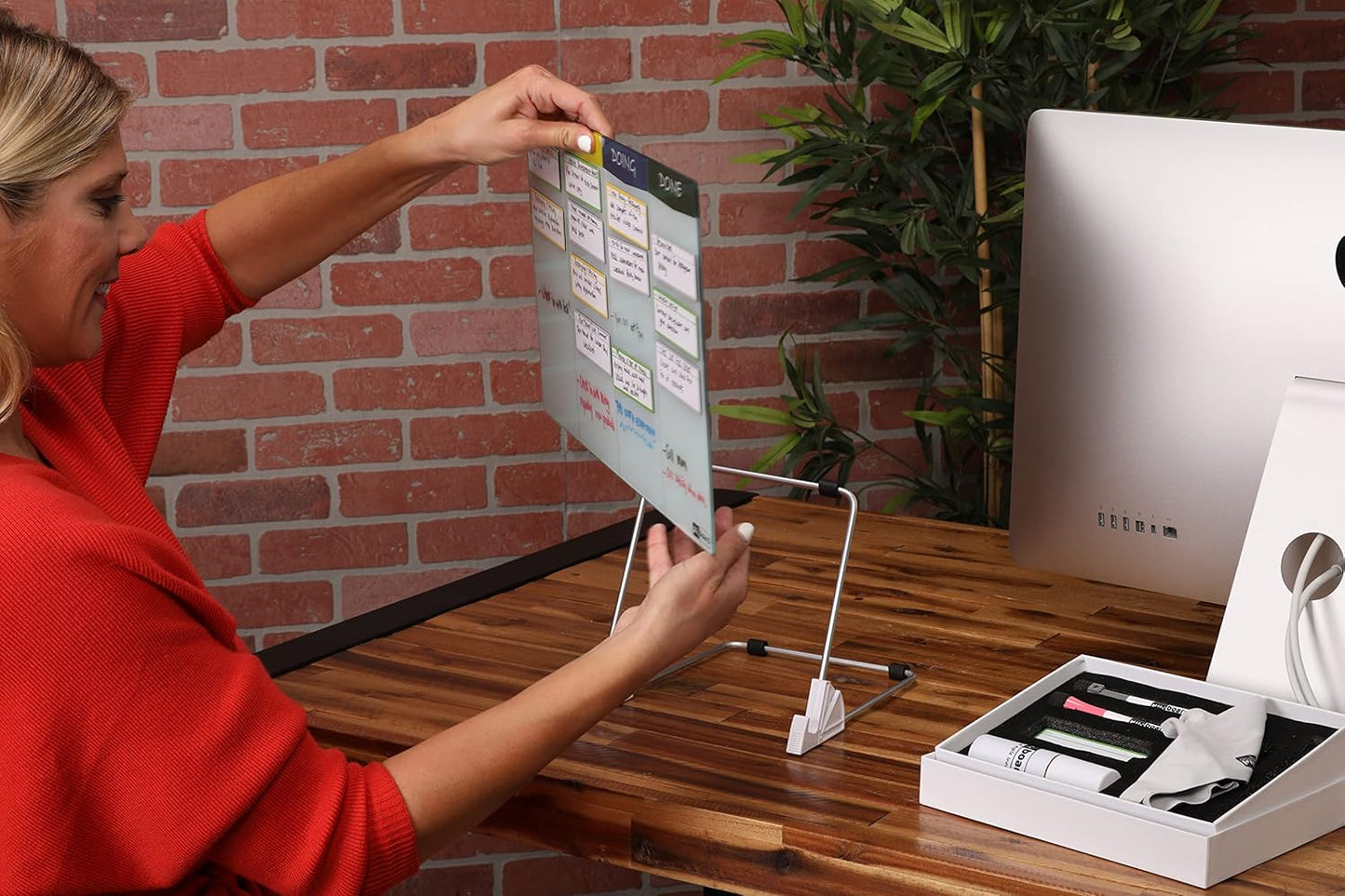 Double Sided Desktop WhiteBoard Kanban Set with Stand.18 x11,Dry Erase Glass Board, 24 Reusable Task Cards, 6 Markers, Accessories. Portable Project Management Planning Productivity WhiteBoard Kit