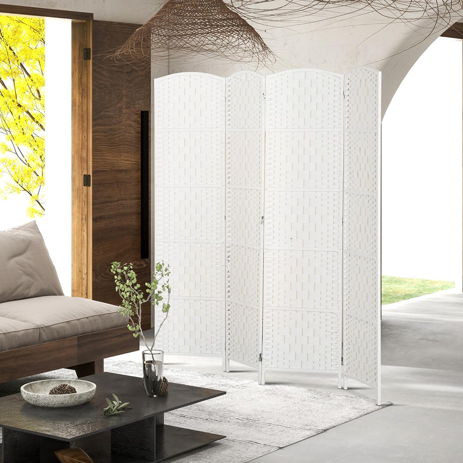 HOMCOM Room Divider, 4 Panel Folding Privacy Screen, 6FT Tall Portable Wicker Weave Partition Wall Divider for Bedroom, Home Office, White - Lumora Desk