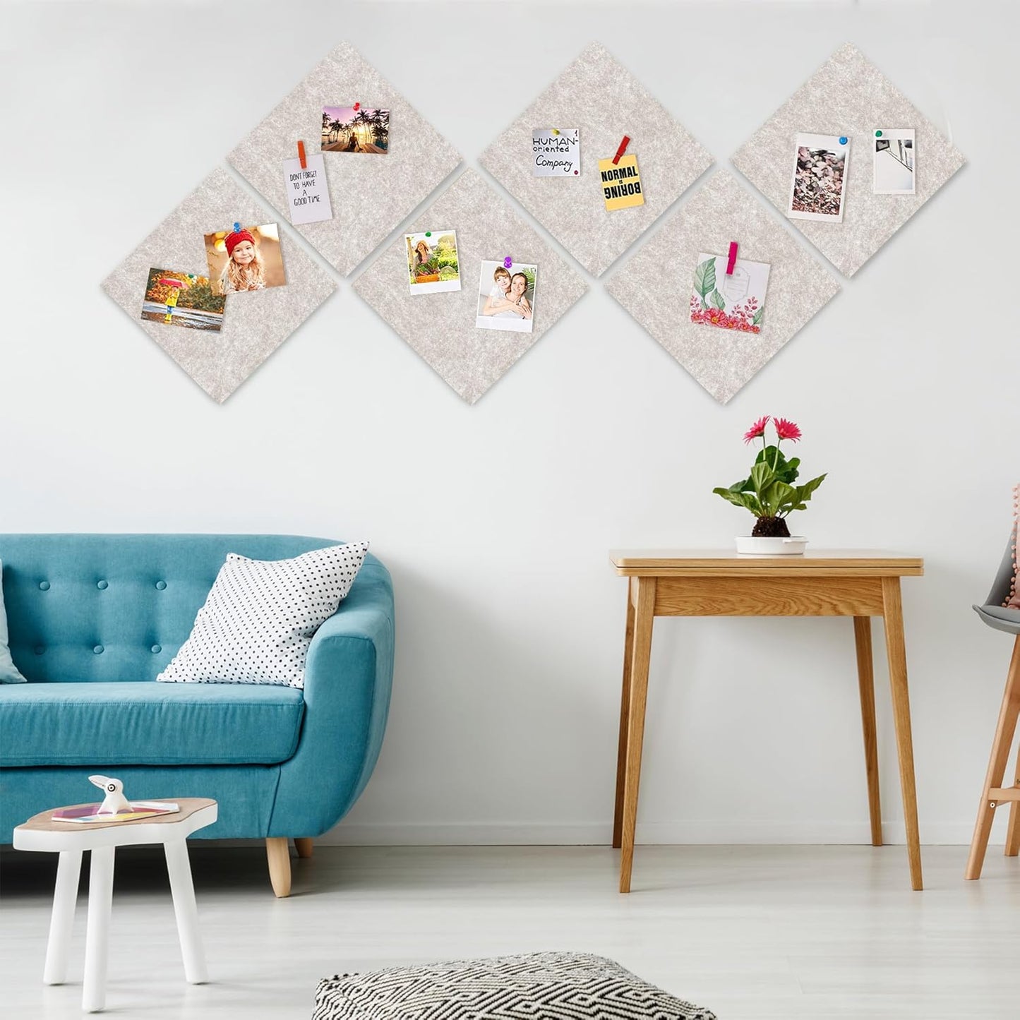 AKTOP Cork Bulletin Board 12x12, 1/2" Thick Felt Cork Board Tiles 6 Pack, Small Square Pin Board for Wall, Self Adhesive Corkboards with 60 Push Pin Wood Clips for School, Home & Office, Latte - Lumora Desk