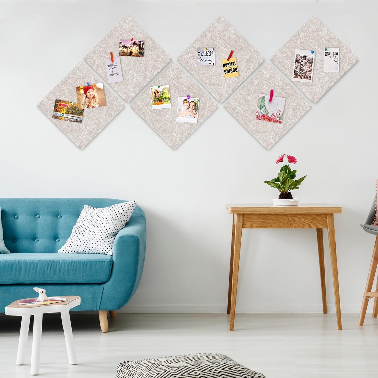 AKTOP Cork Bulletin Board 12x12, 1/2" Thick Felt Cork Board Tiles 6 Pack, Small Square Pin Board for Wall, Self Adhesive Corkboards with 60 Push Pin Wood Clips for School, Home & Office, Latte - Lumora Desk