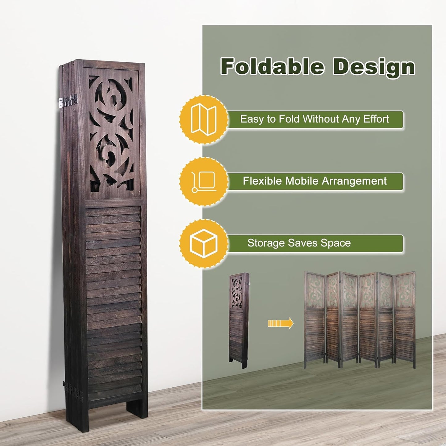 NicBex 6 Panel Room Divider,5.6FT Wood Carved Room Dividers,Folding Privacy Screens Portable Freestanding Partition Wall Dividers for Room Separation,Home Bedroom Office,Rustic Brown - Lumora Desk