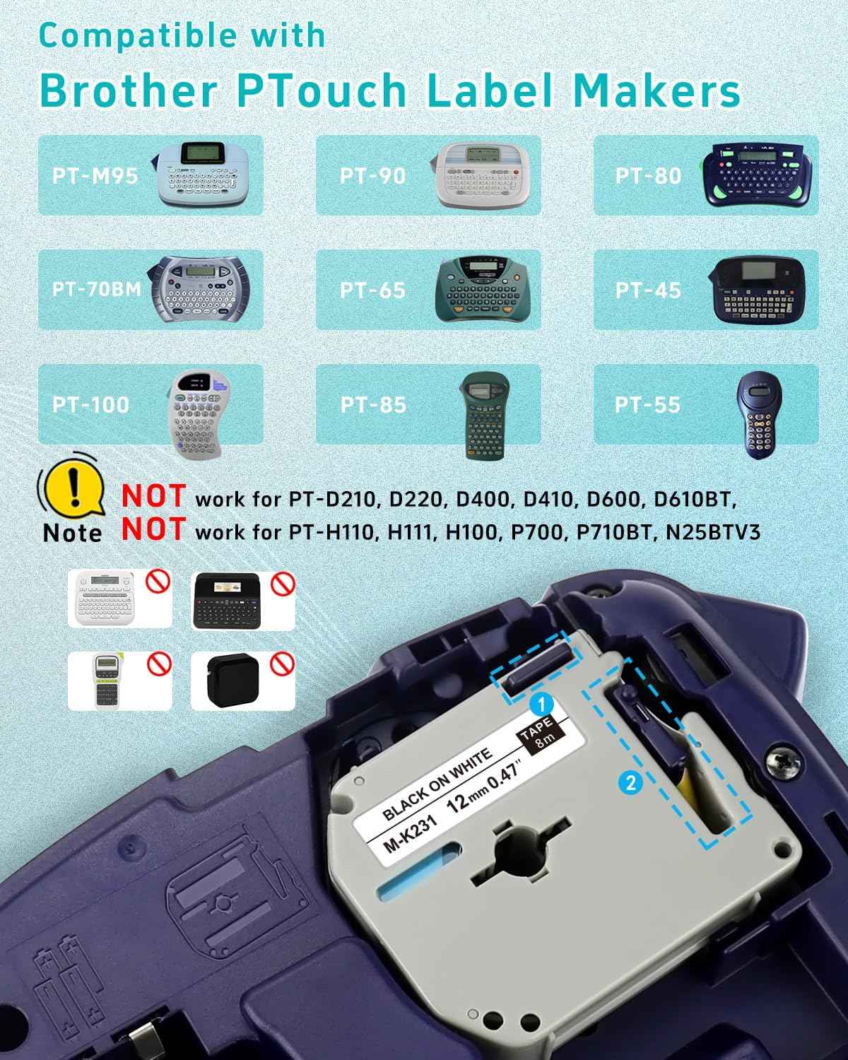 M-K231 PTouch M Tape 12mm 0.47 White Replace for Brother Label Maker Refills, M-K231s MK231 M231 Label Tape for P Touch PT-M95 PT-90 PT-80 PT-70 PT-65 PT-55 PT-45, 5PK