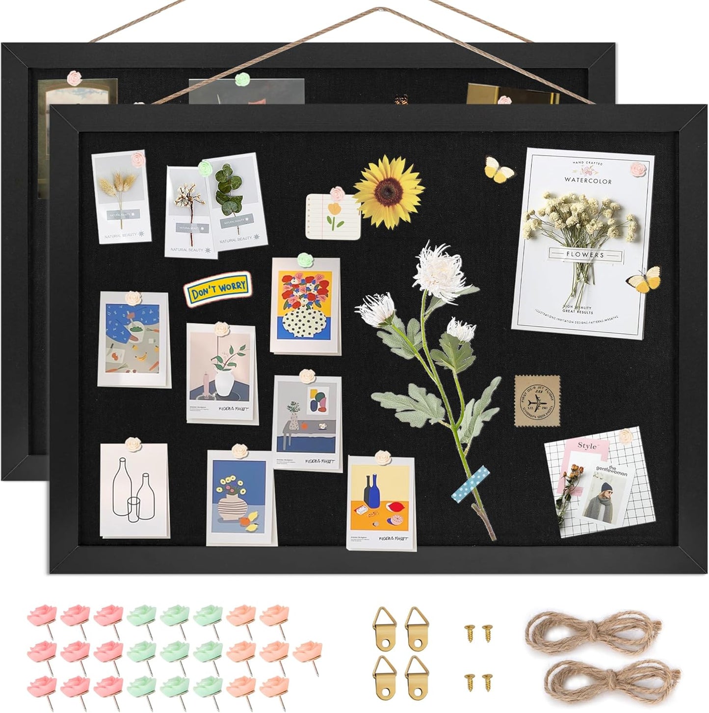 Black Cork Board Bulletin Board 16.7" x 11", 2-Pack Small Linen Corkboards with Frame for Walls, Cute Picture Display Pin Board Vision Board for Room School Office Bedroom 25 Pushpins - Lumora Desk