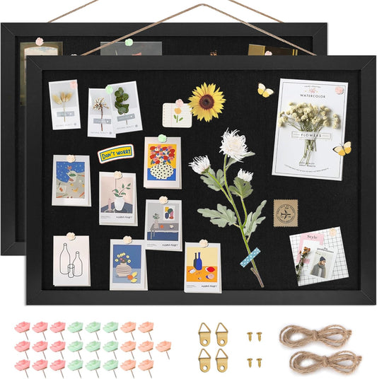 Black Cork Board Bulletin Board 16.7" x 11", 2-Pack Small Linen Corkboards with Frame for Walls, Cute Picture Display Pin Board Vision Board for Room School Office Bedroom 25 Pushpins - Lumora Desk