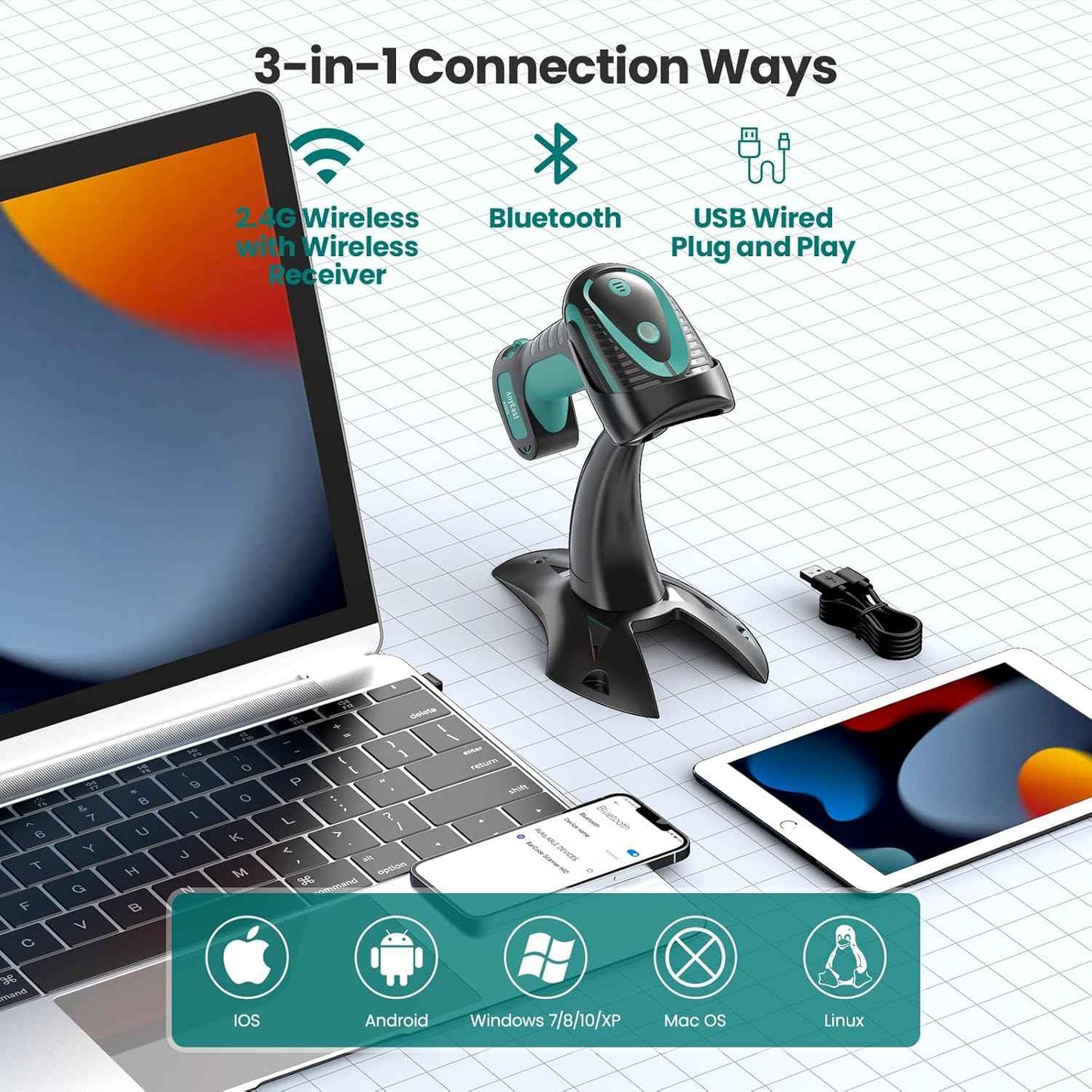 Wireless Barcode Scanner with Stand, Industrial 1D 2D QR Bluetooth Barcode Scanner for Android, iOS, Windows, Mac, USB Bar Code Reader Scanner with Drop Resistant Dustproof Waterproof