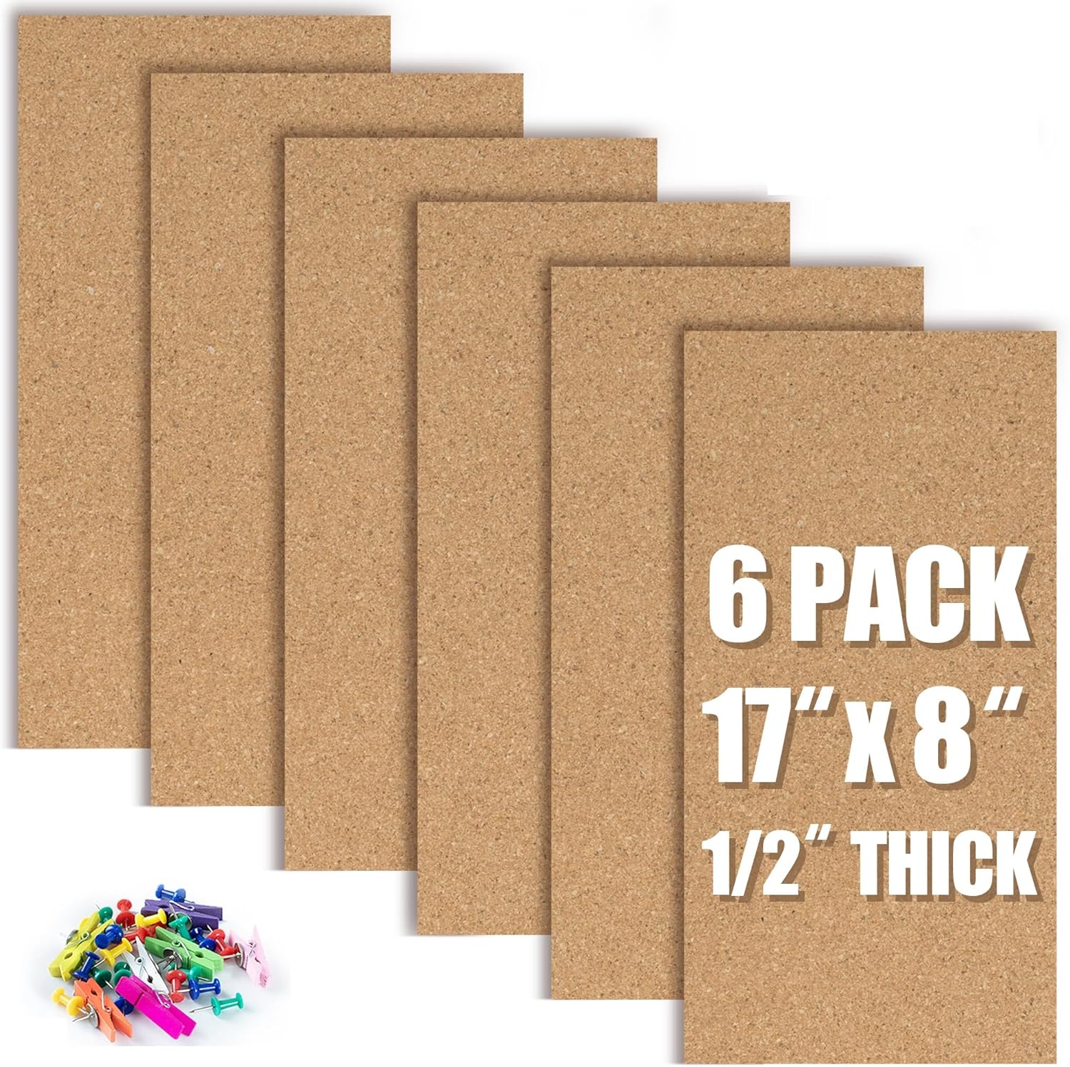 AKTOP Cork Board Bulletin Board 17"x8", 1/2" Thick Cork Board Tiles 6 Pack, Small Pin Board for Wall Decor, Self Adhesive Corkboards with 60 Push Pin Wood Clips for School, Home & Office - Lumora Desk