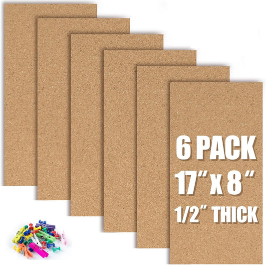 AKTOP Cork Board Bulletin Board 17"x8", 1/2" Thick Cork Board Tiles 6 Pack, Small Pin Board for Wall Decor, Self Adhesive Corkboards with 60 Push Pin Wood Clips for School, Home & Office - Lumora Desk