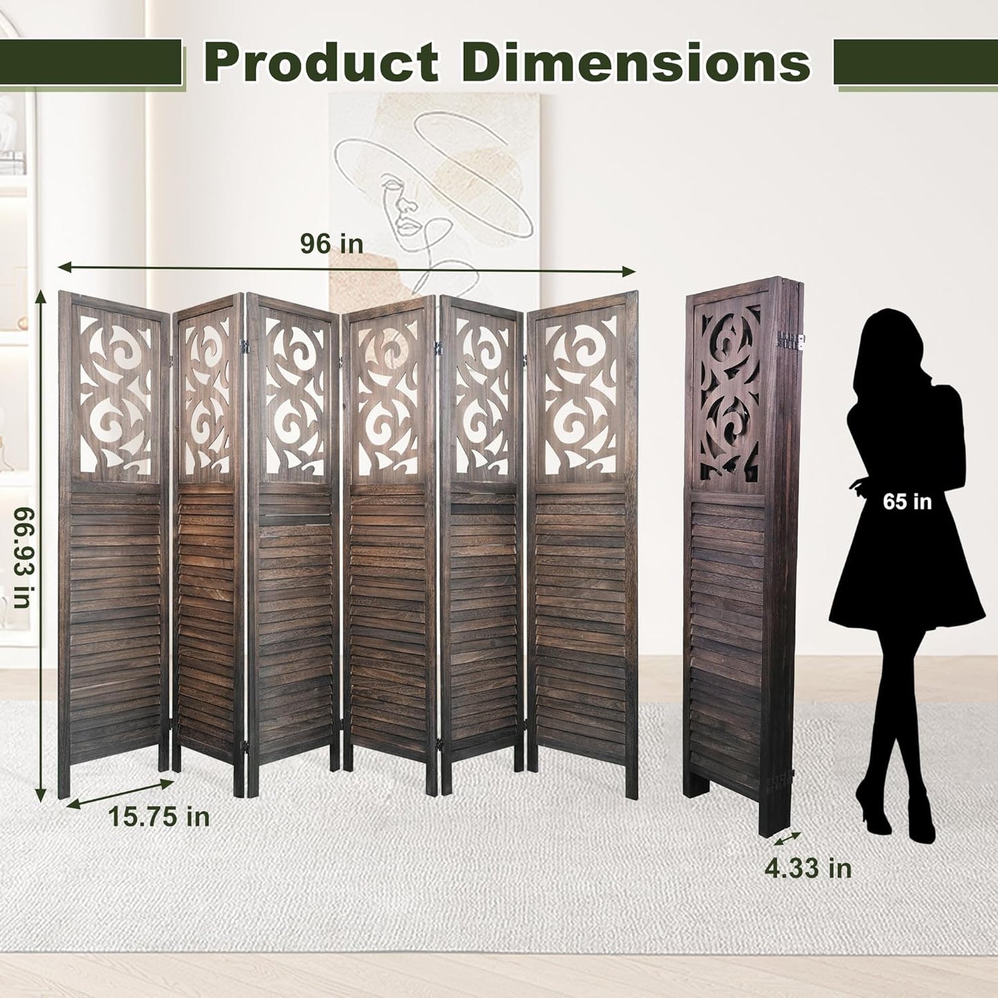 NicBex 6 Panel Room Divider,5.6FT Wood Carved Room Dividers,Folding Privacy Screens Portable Freestanding Partition Wall Dividers for Room Separation,Home Bedroom Office,Rustic Brown - Lumora Desk