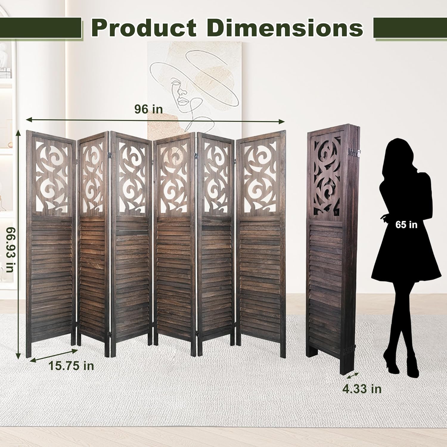 NicBex 6 Panel Room Divider,5.6FT Wood Carved Room Dividers,Folding Privacy Screens Portable Freestanding Partition Wall Dividers for Room Separation,Home Bedroom Office,Rustic Brown - Lumora Desk