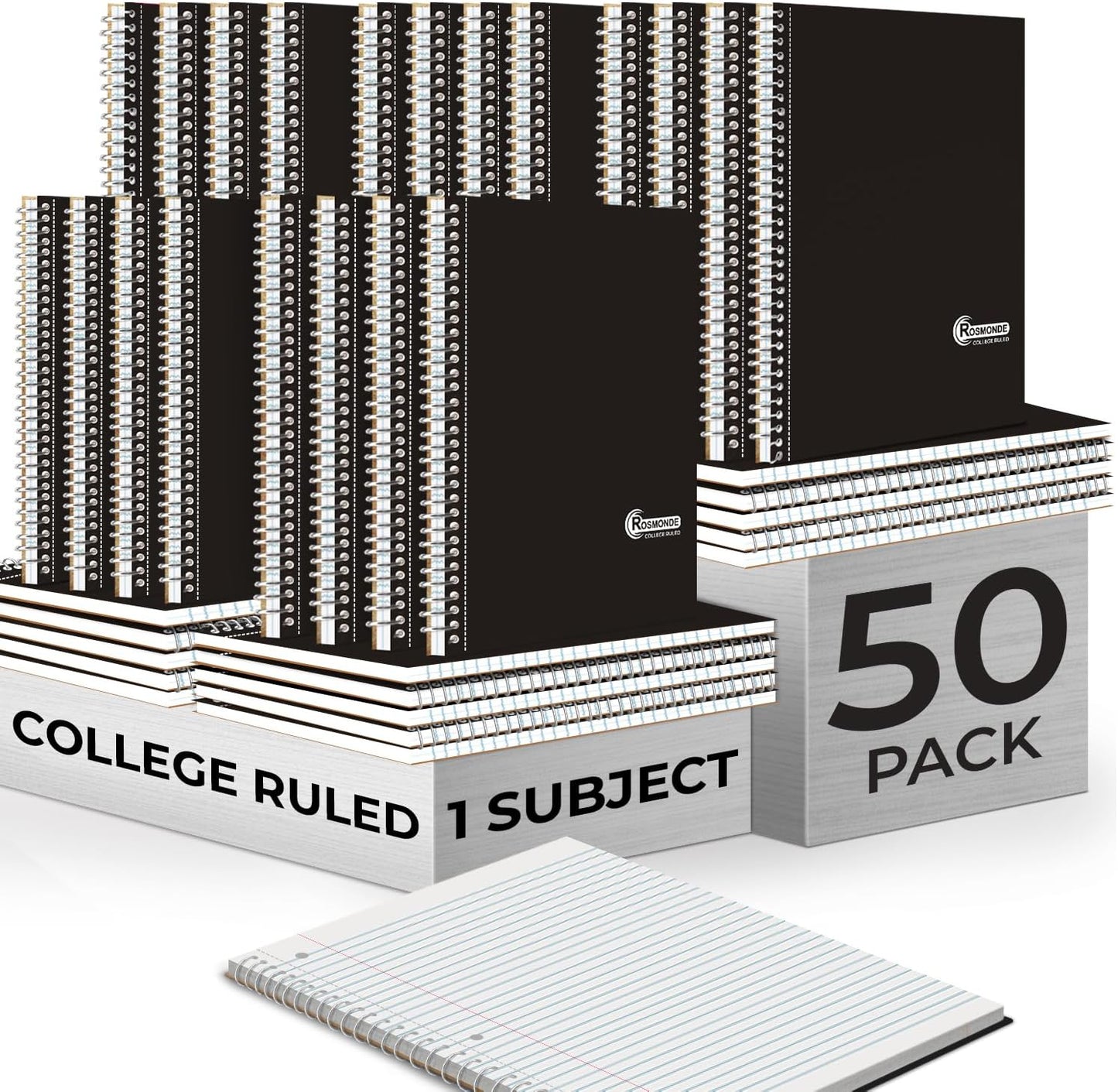 1 Subject Spiral Notebook, 50 Pack, College Ruled, Water Resistant Cover, Thick 140 Pages (70 Sheets), 8 x 10-1/2, 3 Hole Punched, Bulk School & Office, Black Cover