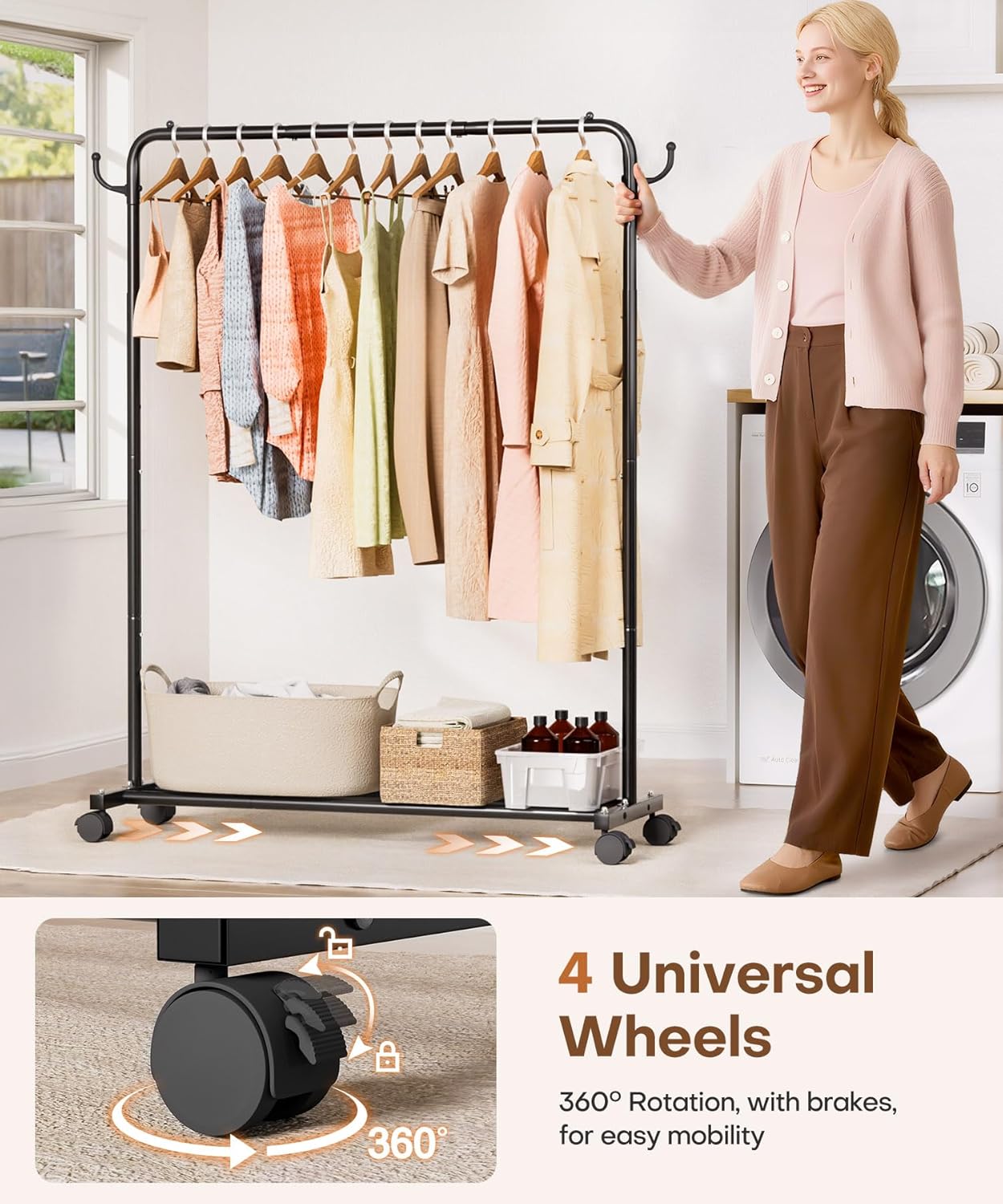 Homde Heavy Duty Clothes Rack: 120lb Standing Garment Storage for Indoor - Rolling Hanging Rod for Bedroom Laundry Room - Coat Dress Organizer on Wheels with luggage shelf (Black，46") - Lumora Desk
