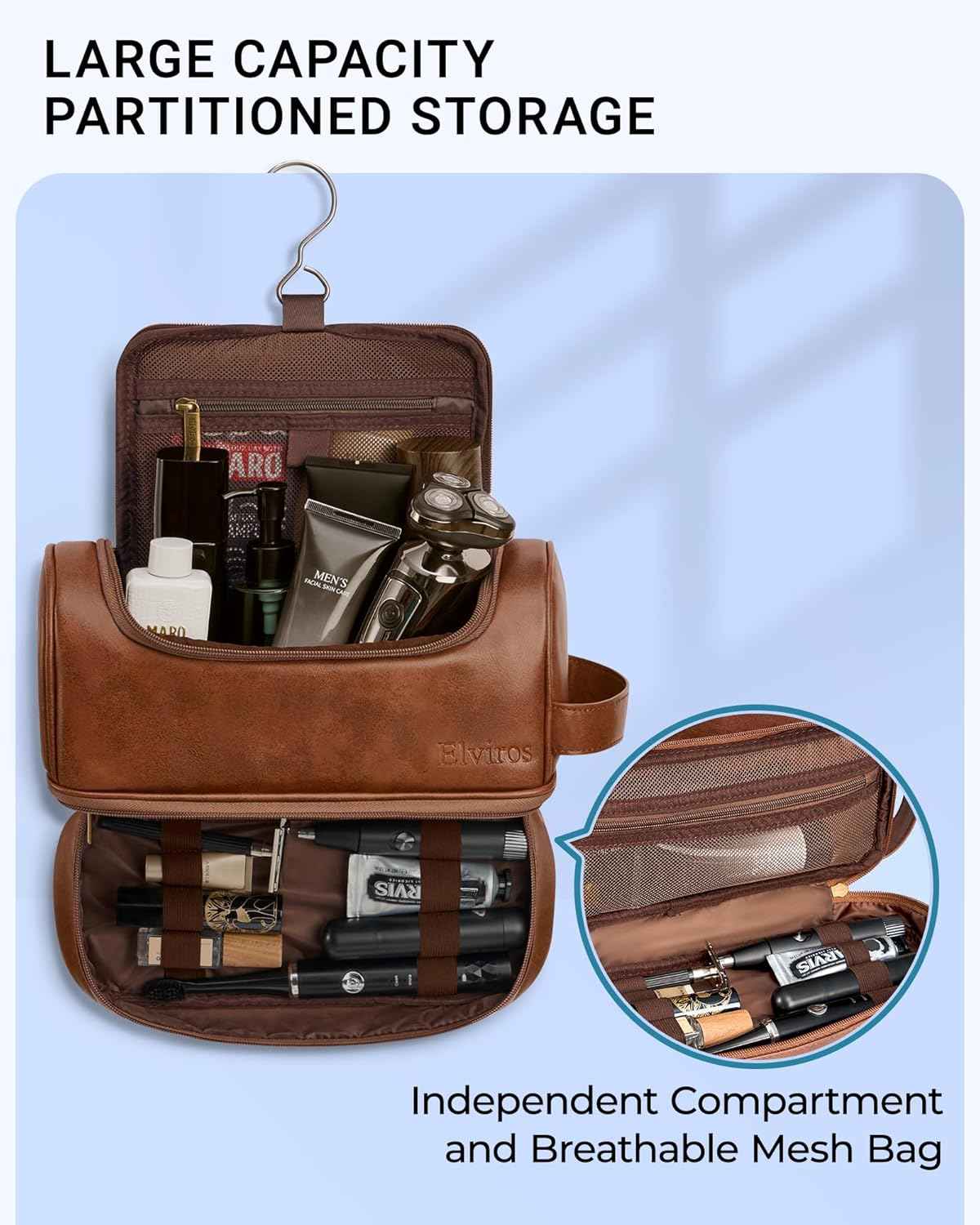 Elviros Toiletry Bag for Mens PU Leather Travel Organizer Kit with Hanging hook, Large Water-resistant Toiletries Bathroom Shaving Bags, Gift For Men (Brown)