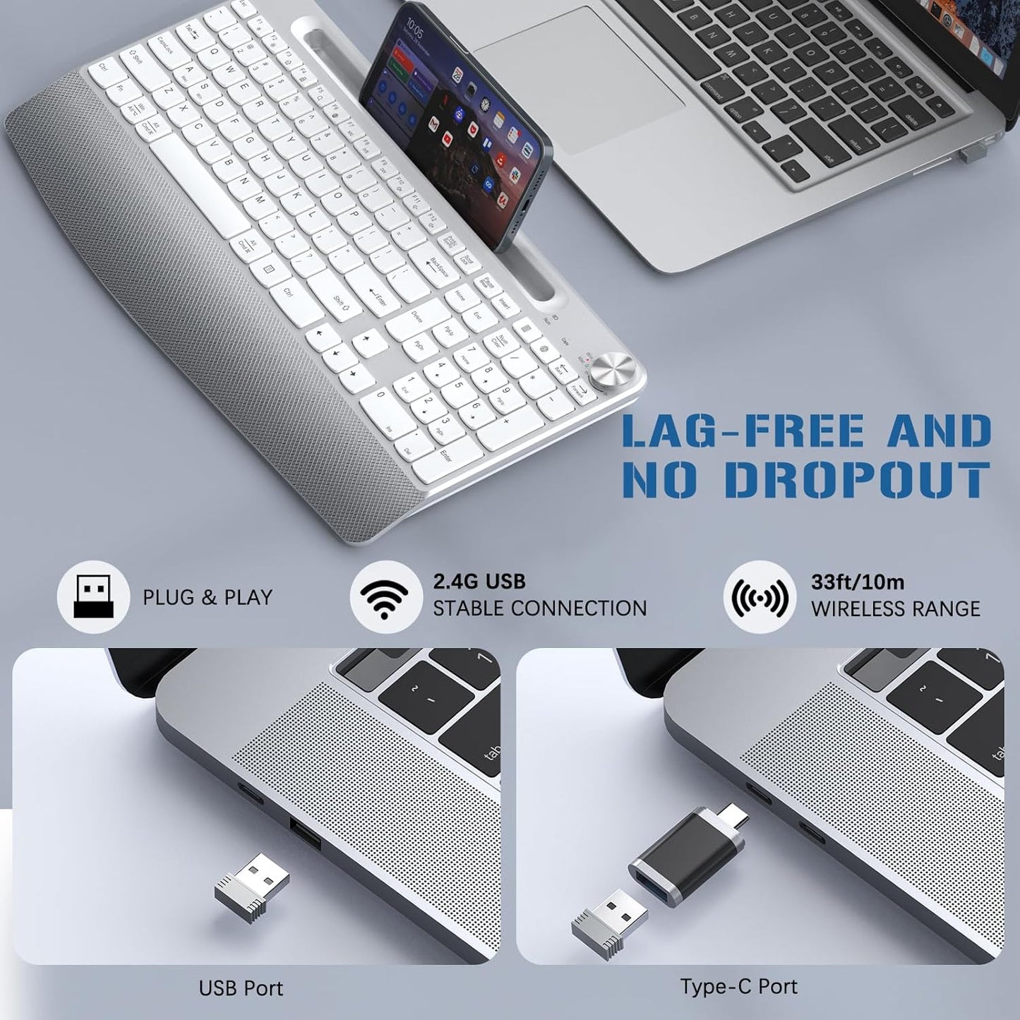 JOYACCESS Ergonomic Wireless Keyboard, 2.4GHz Cordless USB Full-Size Keyboard with Wrist Rest, Quiet Design & Numeric Keypad, Phone Holder for Desktop, Laptop, PC, Mac, Windows -Silver White