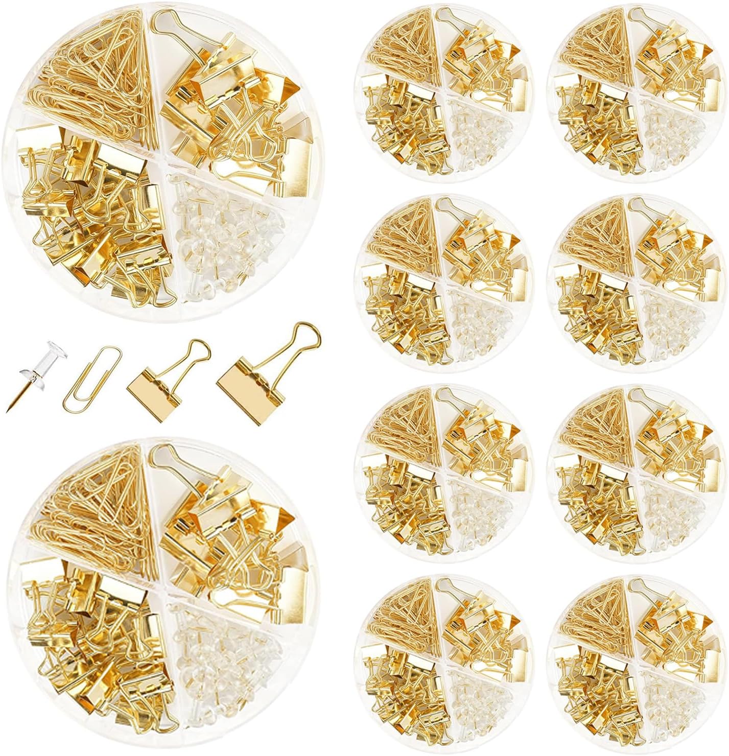 10 Pack, Gold Paper Clips and Binder Clips Set, Metal Assorted Sized Binders with Push Pins, Cute Gold Office Supplies for Desk, Desk Accessories