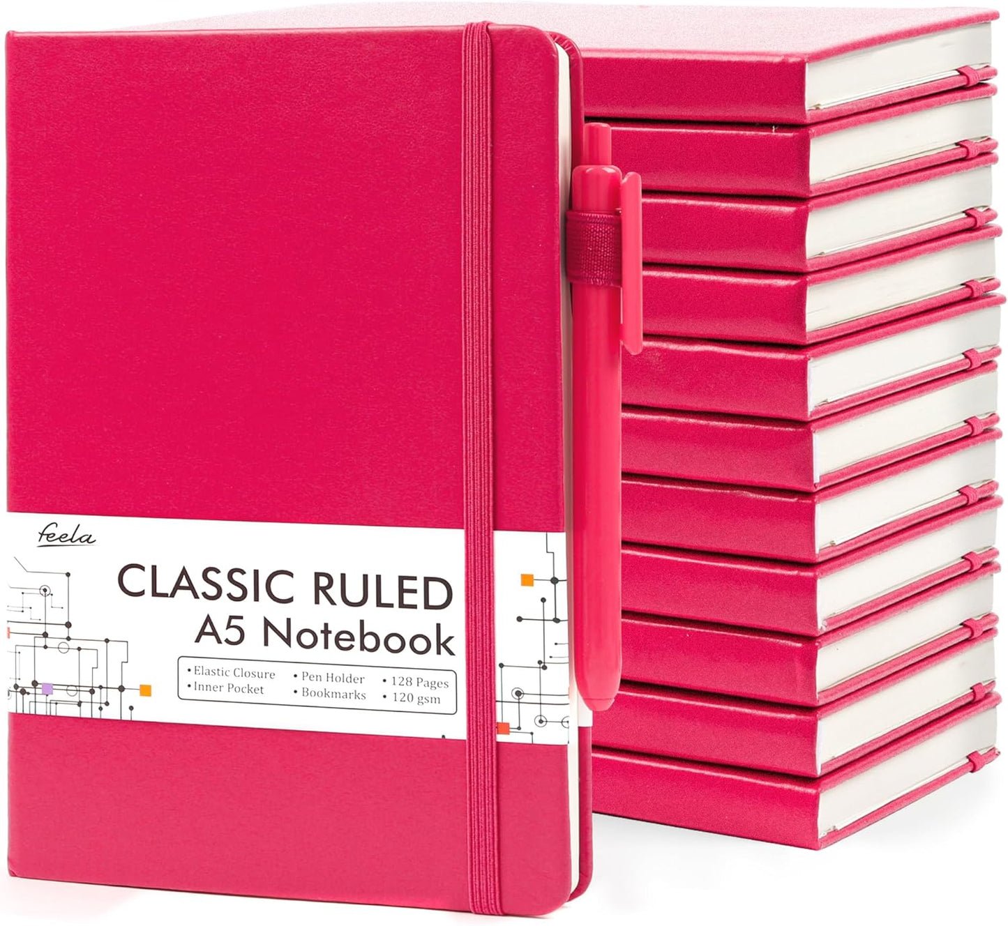 feela 12 Pack Notebooks Journals Bulk, Hardcover Notebook Classic Ruled Lined Journals with Pen Holder for Women Girls School Business Supplies, with 12 Black Pens, 120 GSM, 5.1”x8.3”, A5, Berry
