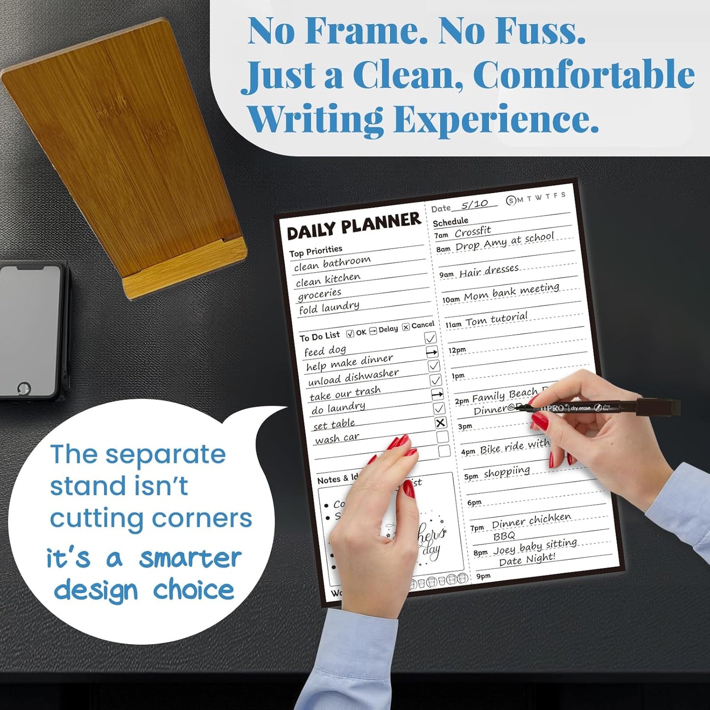 JJPRO Reusable Desktop Daily Planner with Stand,Reusable Time Schedule Board,11"x8.5" Hourly Schedule Dry Erase Board with Time Slots,Desk Hourly Dry Erase Board with Detachable Engineered Wood Stand for Office, Home