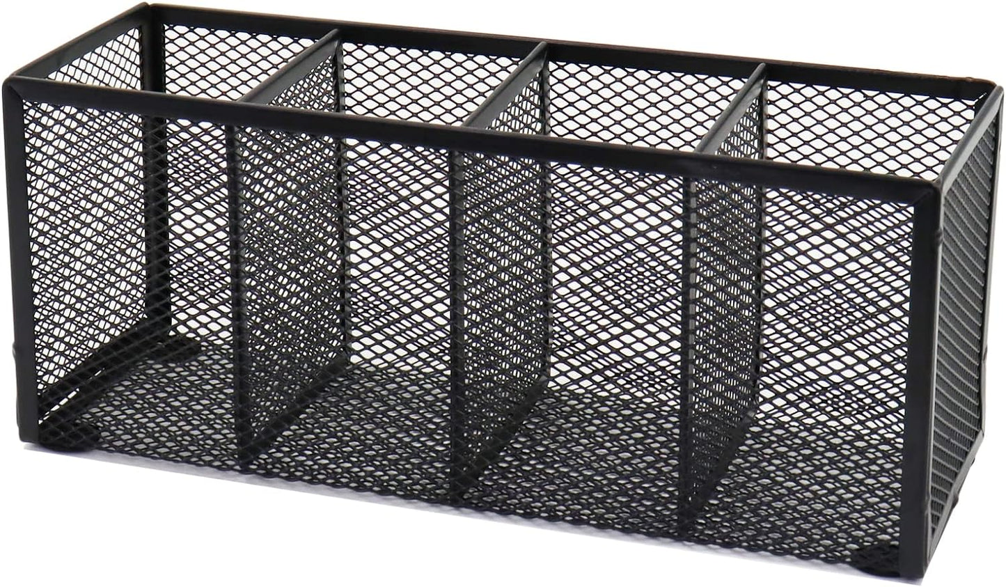 Black Mesh Pen Holder, Metal Desk Organizer Desktop Stationery Office Supplies Acessories Storage Stand, 4 Compartments Pencil Organizer Brushes Holder for Home School Classroom Teachers