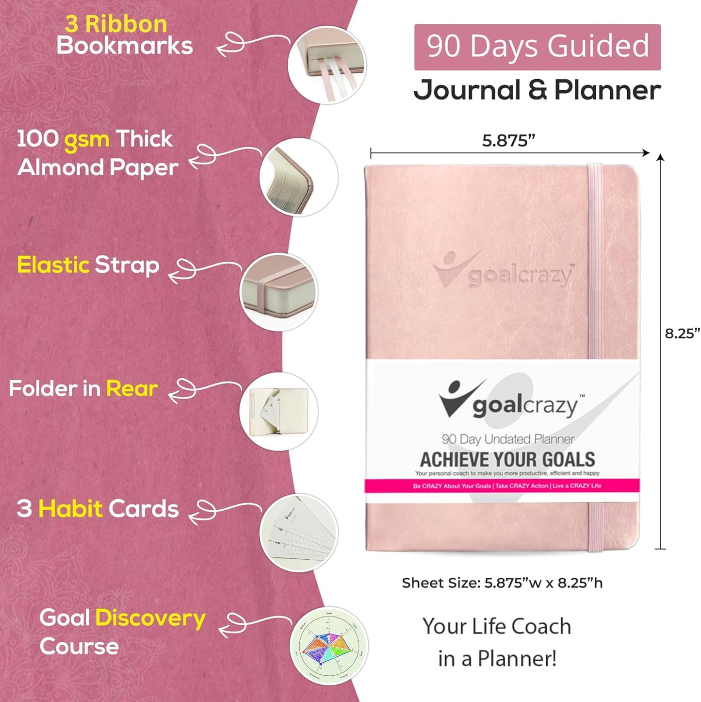 Undated Planner – 90 Day Guided Journal & Productivity Organizer, A5 Daily & Weekly Planner 2025 2026 with Goal Setting, Habit Tracker, To Do List, Academic & Work Calendar, Leather Hardcover - Rose Gold