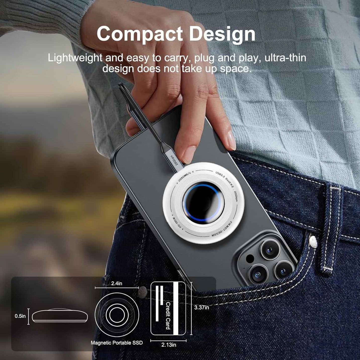 FP108 1TB Magnetic Portable SSD, External Solid State Drives with PD-100W and 2050MB/s USB-C 3.2 Gen 2x2, Play While Charging, Compatible with iPhone 16/15 Pro Max, Android, PC, Mac, Switch Lite