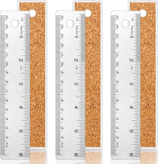 3 Pcs Stainless Steel Ruler 6 Inch Metal Ruler Straight Edge Rulers Non Slip Cork Backed Rulers with Inch and Metric Graduations for School Office Engineering Drawing(6 Inch)