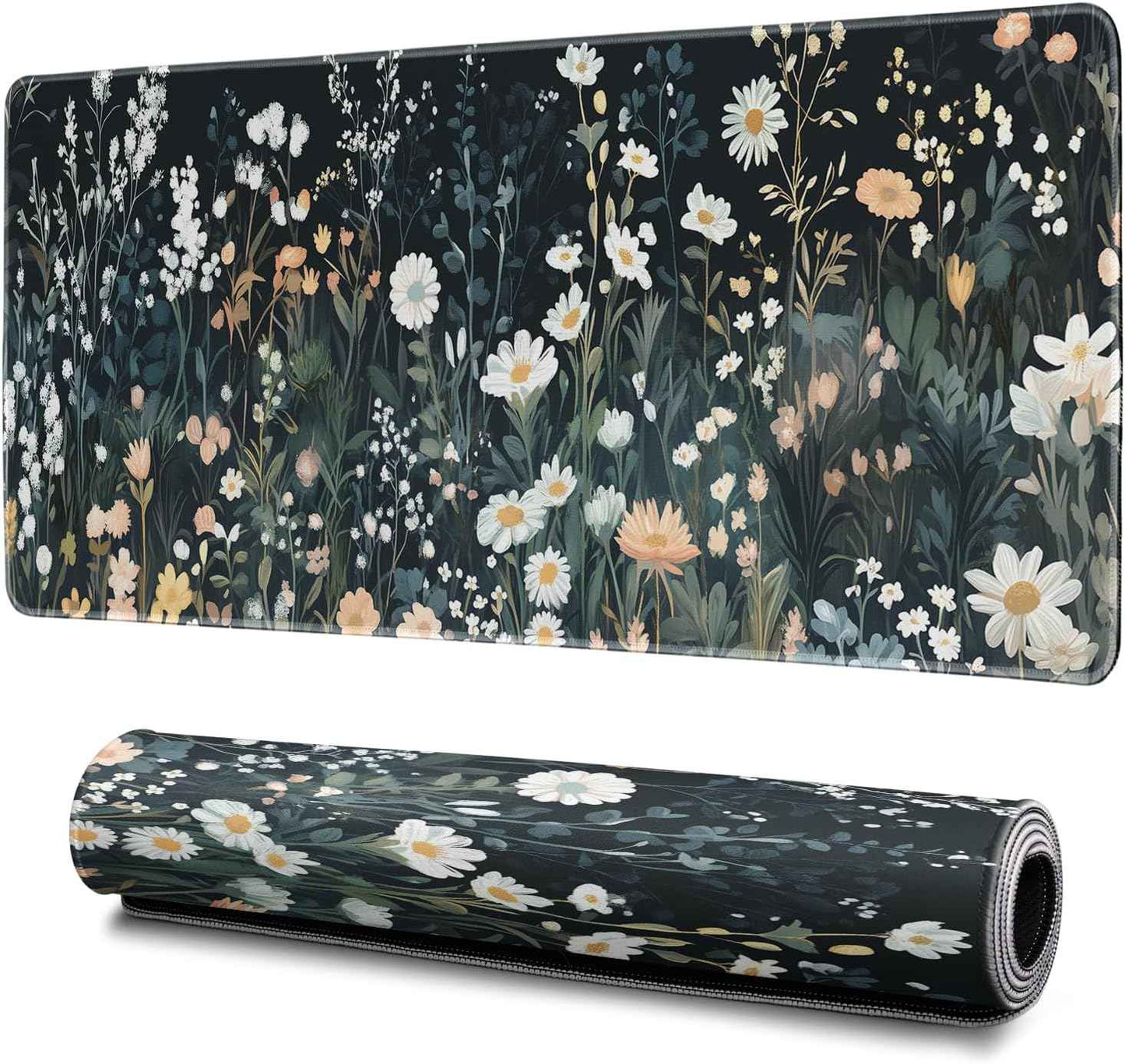 Flower Mouse Pad Abstract Black Mouse Pad 31.5x11.8 Inch Floral Texture Non-Slip Rubber Base Large Weeds Mousepad Stitched Edges Keyboard Mouse Mat Desk Pad for Office and Home