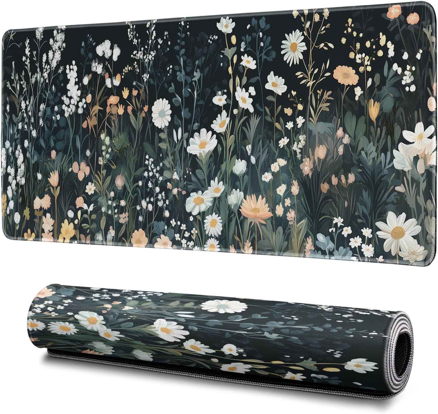 Flower Mouse Pad Abstract Black Mouse Pad 31.5x11.8 Inch Floral Texture Non-Slip Rubber Base Large Weeds Mousepad Stitched Edges Keyboard Mouse Mat Desk Pad for Office and Home