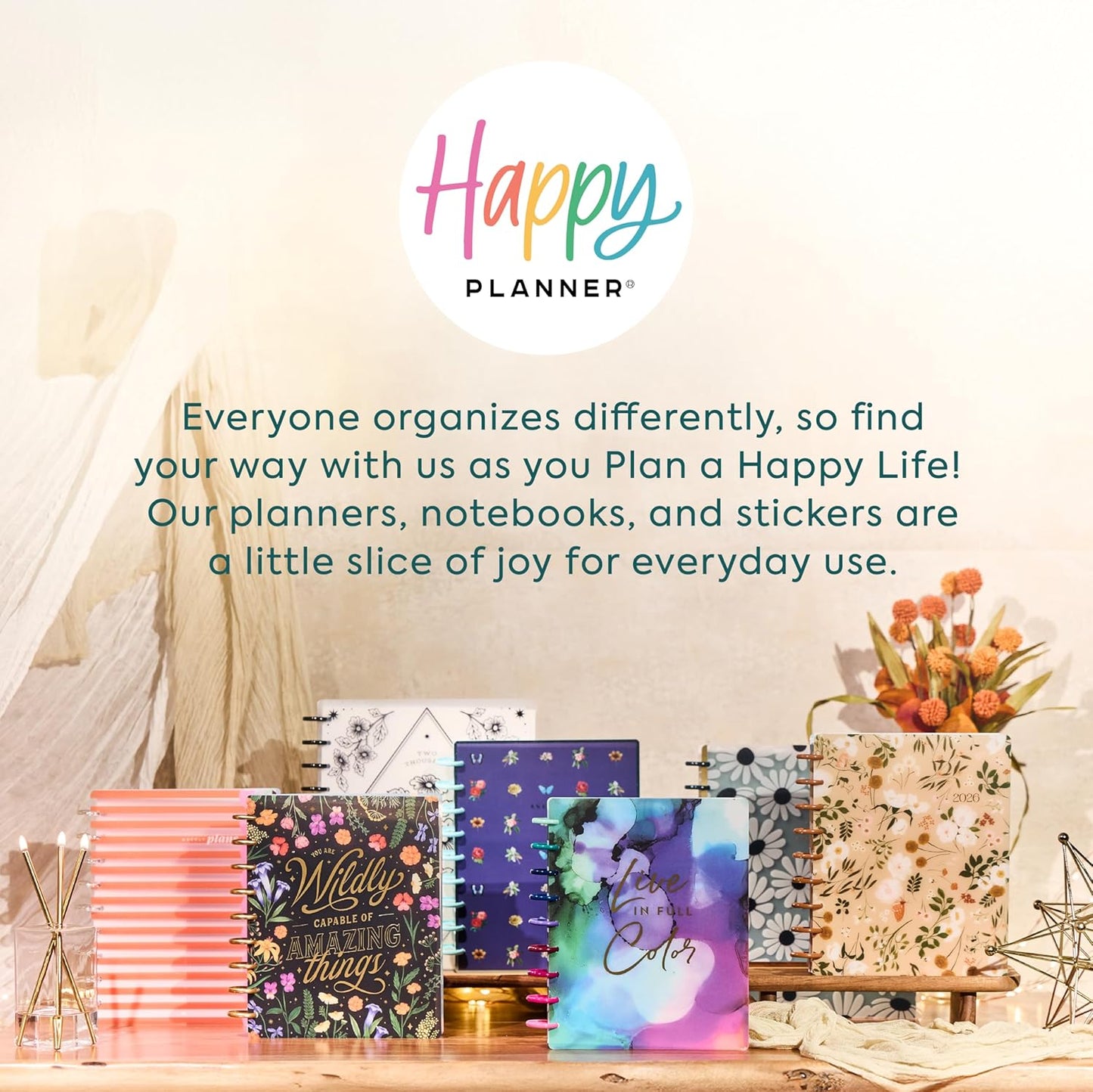 Happy Planner Disc-Bound Planner Jan.–Dec. 2026, Includes 3 Extra Months and 2 Sticker Sheets, Classic Size, 7" x 9.25", Dashboard Layout, Happy Poppies