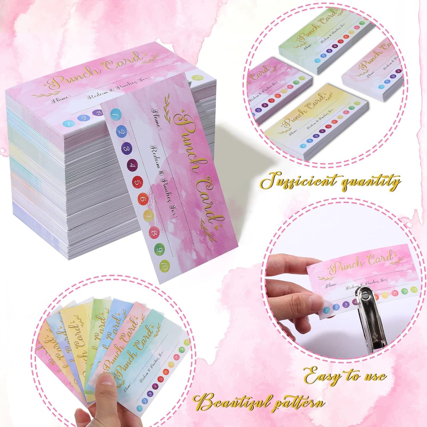 Fumete 400 Pcs Punch Cards for Classroom Reward Cards Behavior Incentive Loyalty Awards for Kids Students Teachers School Business, 8 Styles, 3.5 x 2 in(10 Watercolor Punches Style)