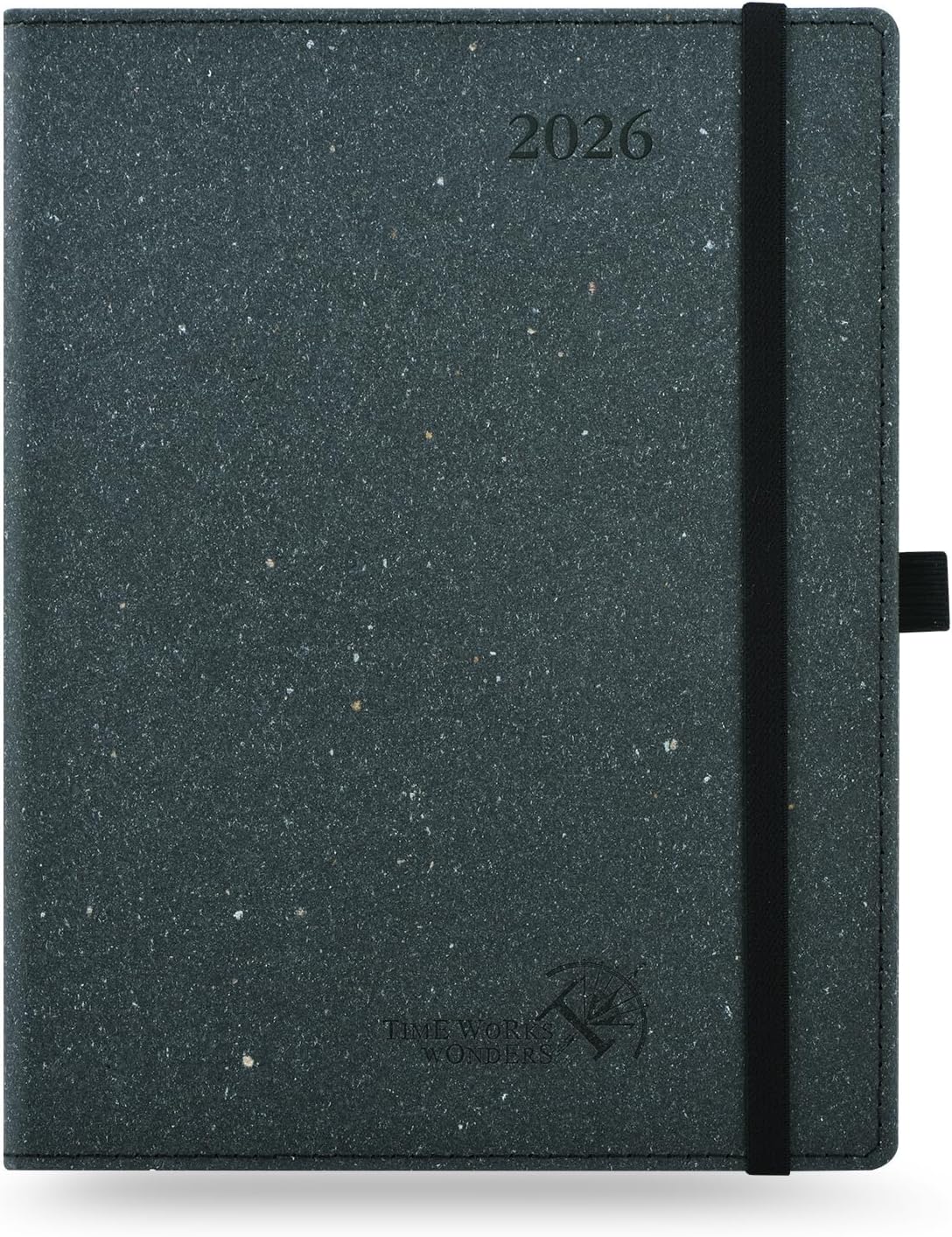 POPRUN 2026 Planner - 2026 Recycled Weekly Planner[6.5''x 8.5''- Italian Regenrated Leather Hard Cover] with Hourly Schedule & Vertical Weekly Layout, Monthly Tabs, Inner Pocket - Black Grey