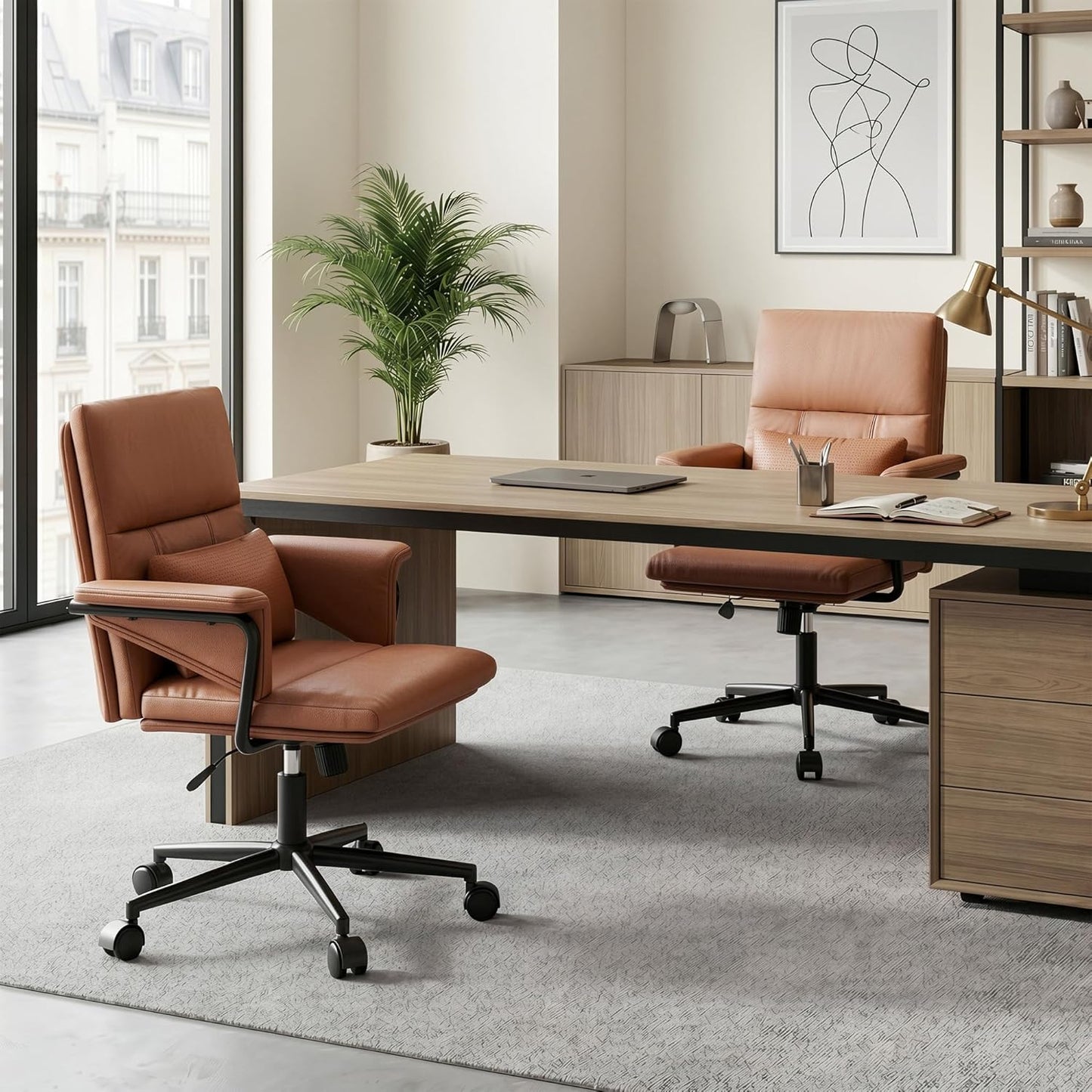 Leather Office Chair, Mid Back Ergonomic Desk Chair with Lumbar Support, Modern Computer Chair with Padded Armrest &Wheels, Height Adjustable Swivel Chair with Tilt Lock (Brown)
