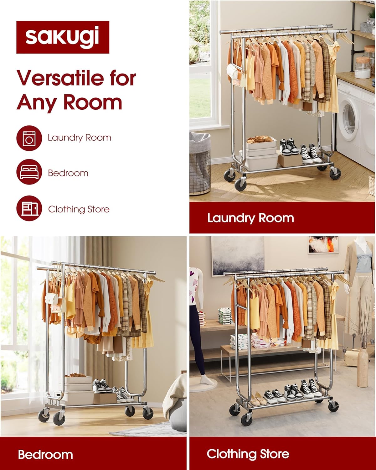 Heavy-Duty Clothes Rack - Double-Rod Stainless Steel Garment Rack with 4-inch Lockable Wheels, Clothing Racks for Hanging Clothes in Bedroom, Laundry Room, 43.3"×16.5"×61.0", Silver - Lumora Desk