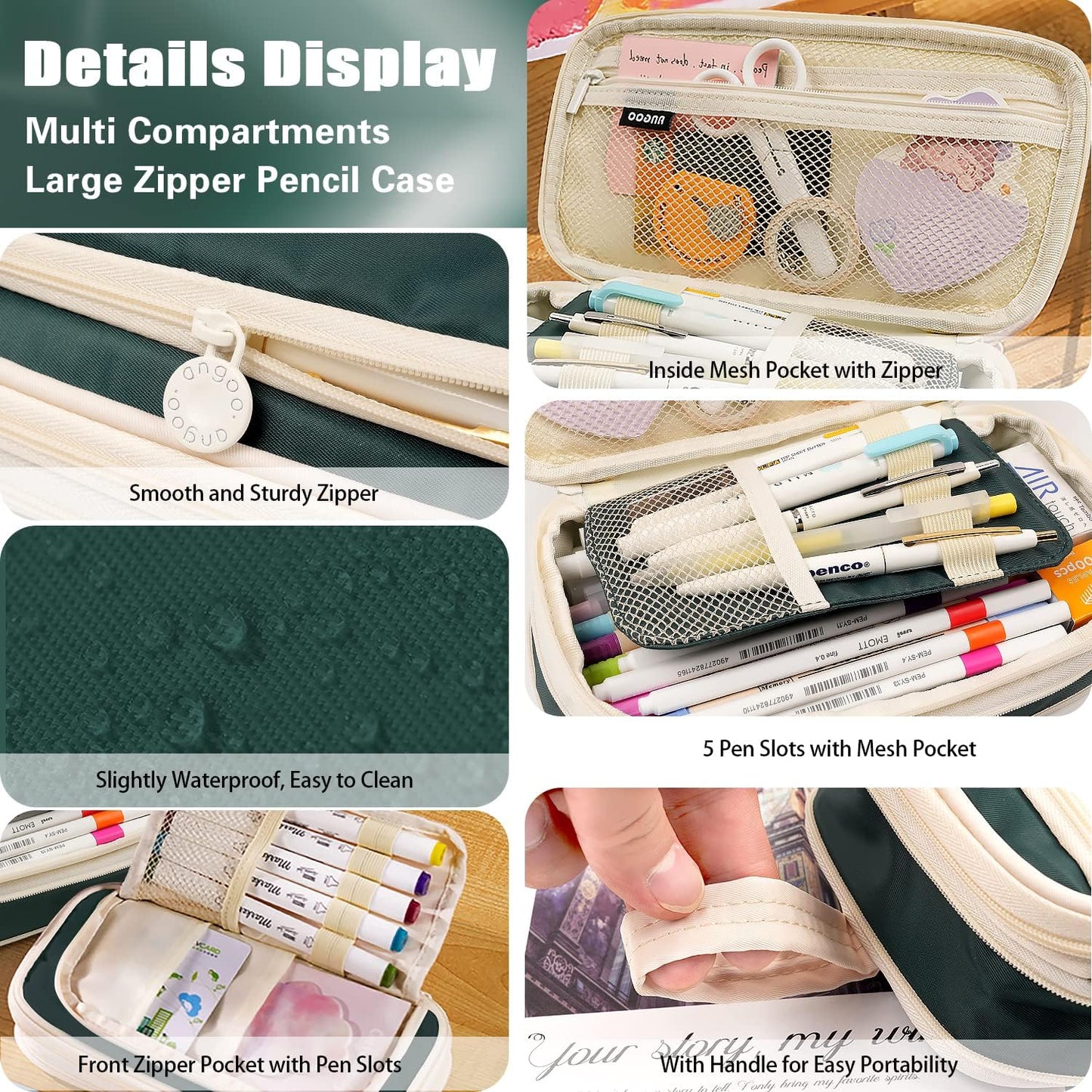 Large Capacity Pencil Case 4 Compartment Bag Organizer, Expandable Pen Bag, Portable Stationery Bag with Handle for Office Middle High College School (Green)